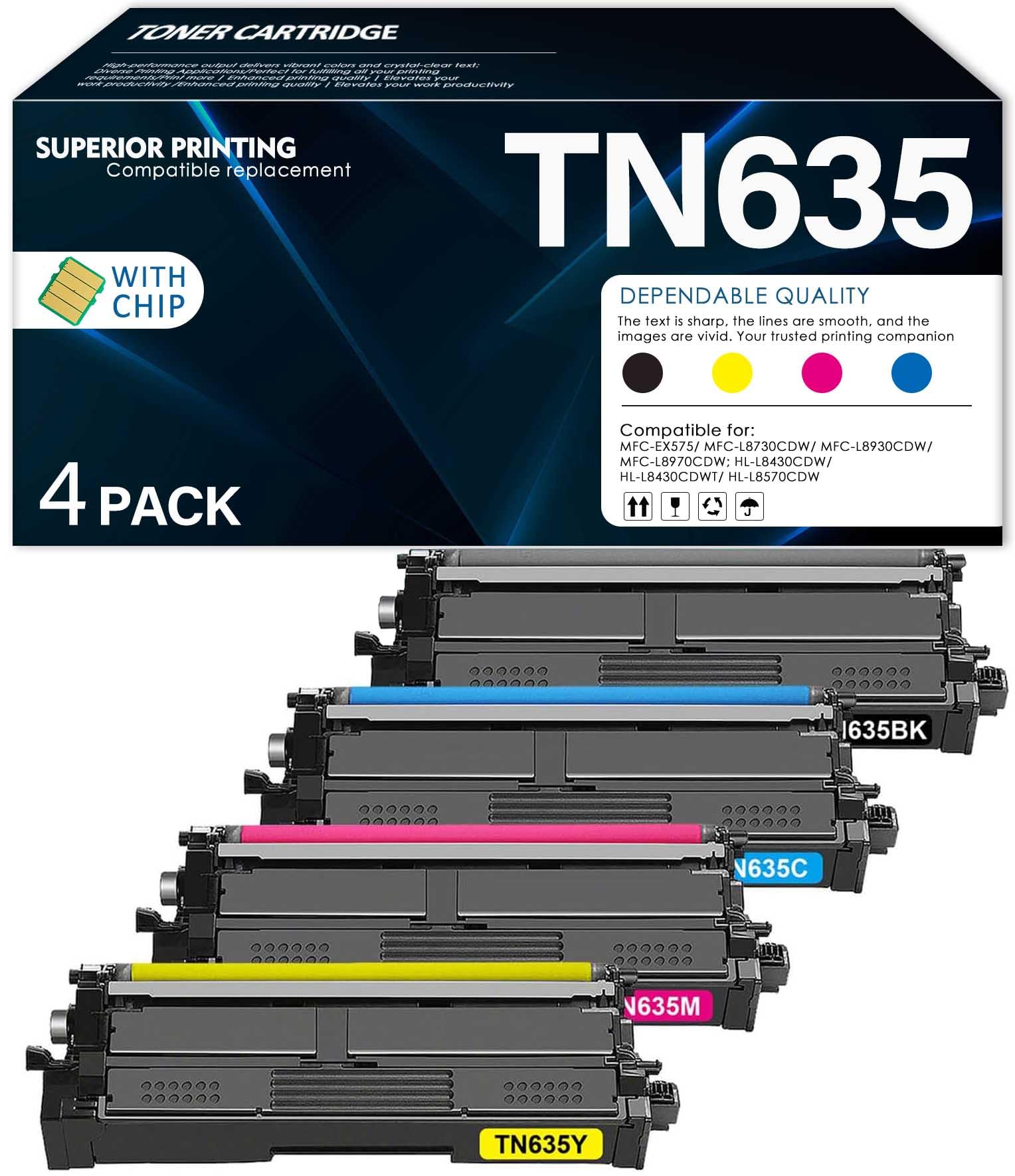 Photo 1 of TN635 Toner Cartridge 4 Pack Replacement for TN635 TN635XL TN635XXL Toner – Works with Brother HL-L8430CDW L8430CDWT L8570CDW MFC-L8730CDW L8930CDW L8970CDW EX575 Printers (Black Cyan Yellow Magenta)
