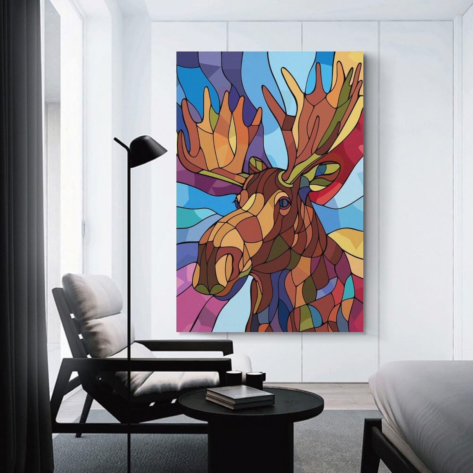 Junmoney Unframe-Style-18 Wall Picture Print Stained Glass Moose Portrait, 20X30inch(50X75cm), For Living Room, Lounge Or Sitting Room, Modern Wall Decor For Cosy Interiors