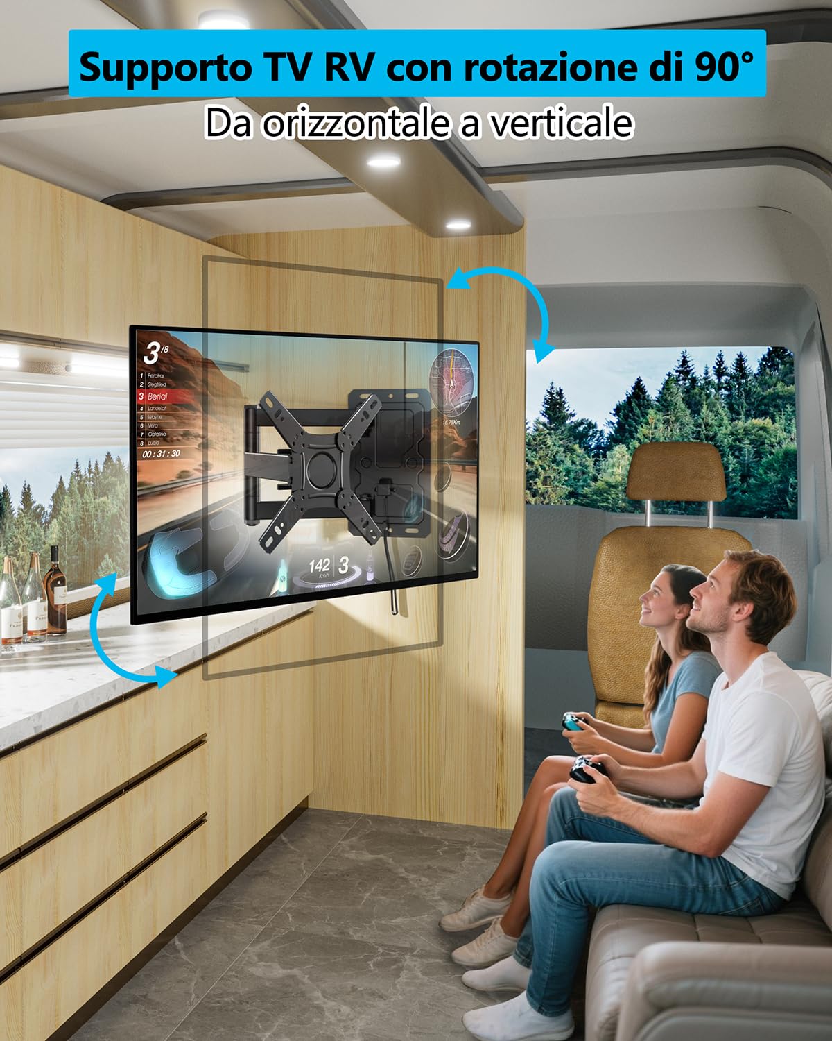 Staffa da parete per TV con serratura per campeggio, rotazione di 180°, girevole a 180°, supporto da parete per camper e monitor da 13-43 pollici e TV fino a 25 kg, staffa VESA 200 x 200 mm