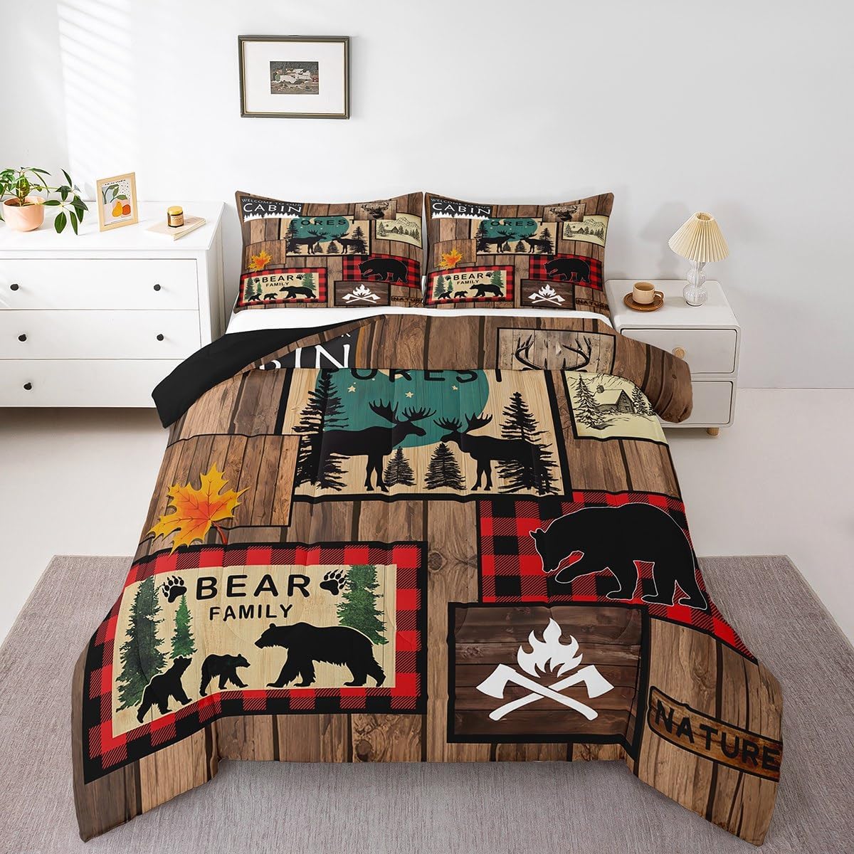 Retro Cabin Queen Comforter Set Rustic Adventure Bear Deer Bedding Set Hunting Wildlife Wild Animal Duvet Insert Plaid Lodge Farmhouse Quilt Western Country Black Red Lattice Room Decor,Brown