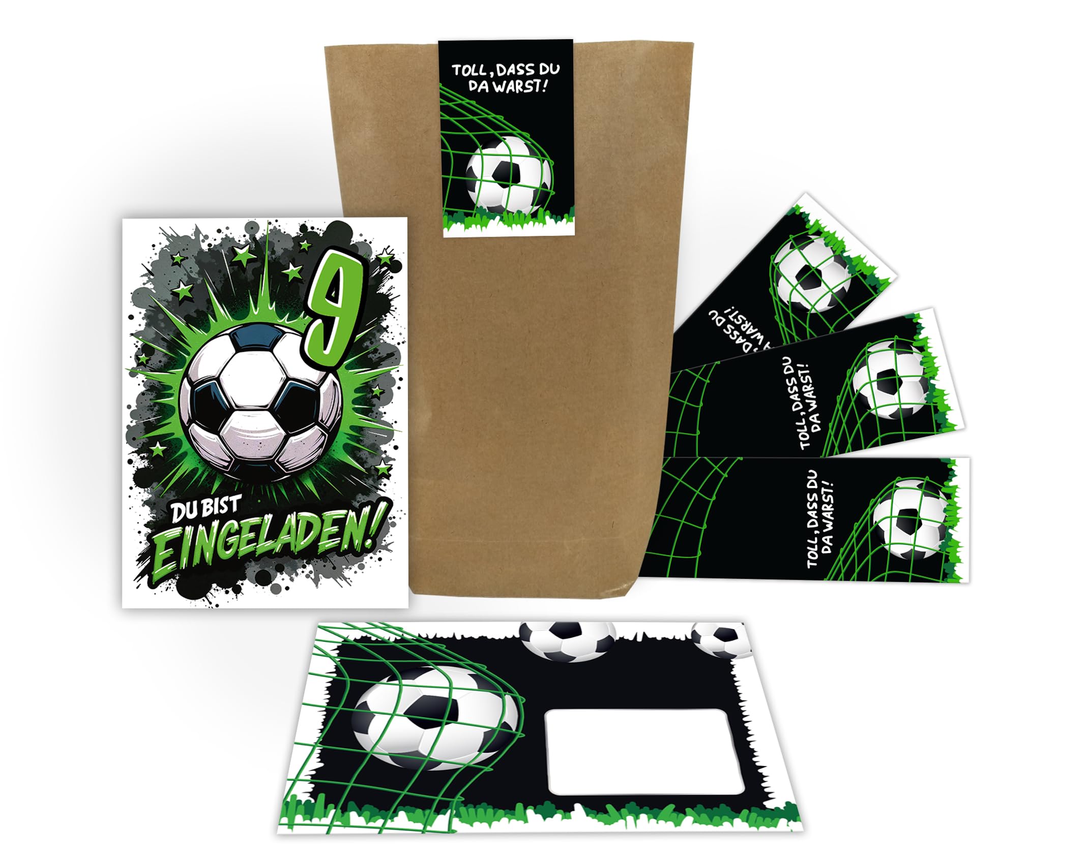 Junaversum 12 Einladungskarten zum 9. Kindergeburtstag Jungen Fußball Fussball Kinder coole bunte Einladungen neunte Geburtstag Geburtstagseinladungen Kids inkl. 12 Umschläge, 12 Tüten, 12 Aufkleber