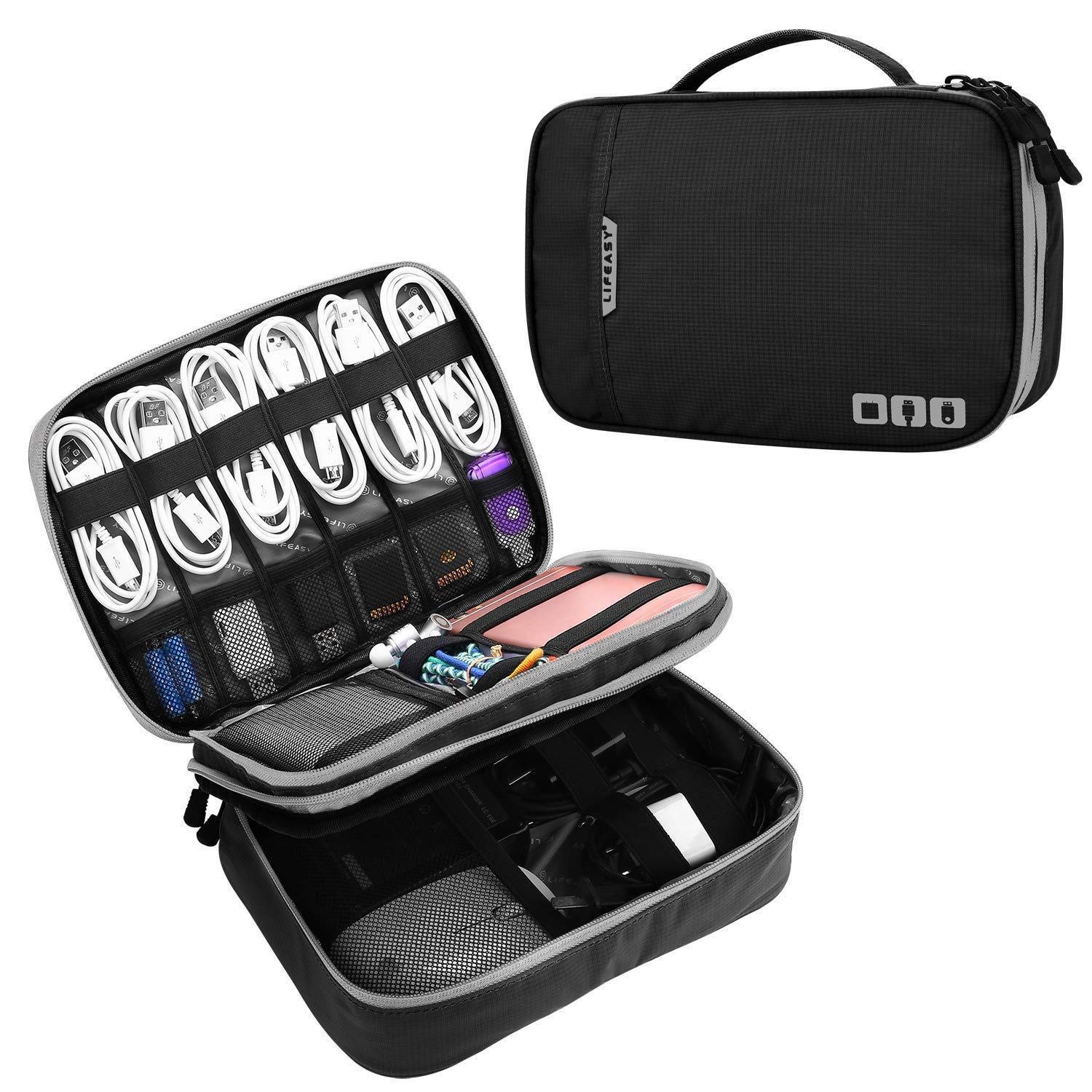 Borsa Per Cavi Impermeabile Doppio Strato - Organizer Per Caricabatterie, Powerbank, Cuffie, Blu, 21x13.5cm