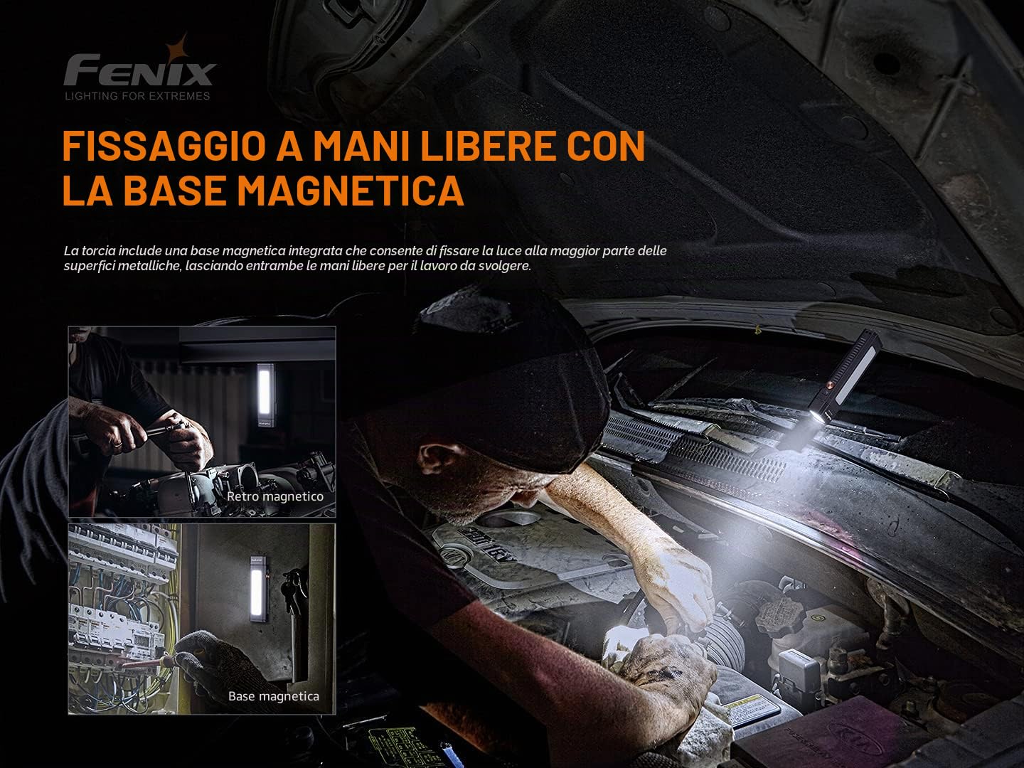Fenix WT16R, torcia da lavoro ricaricabile e luce di area | 300 lumen | 115 m | max 30 ore | inondazione COB pannello laterale | modalità flash gialla | ampia clip corpo | base magnetica e pannello