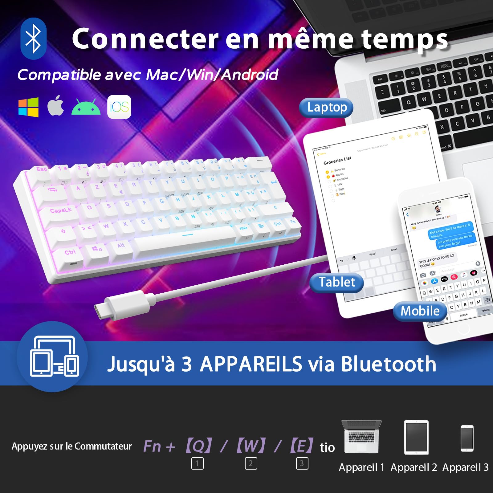 RK ROYAL KLUDGE RK61 Clavier sans Fil, AZERTY 60% Clavier Gaming Mecanique, Rétroéclairage RGB par Touche Personnalisable, Touches à Double Injection Interrupteur Marron échangeable à Chaud, Blanc