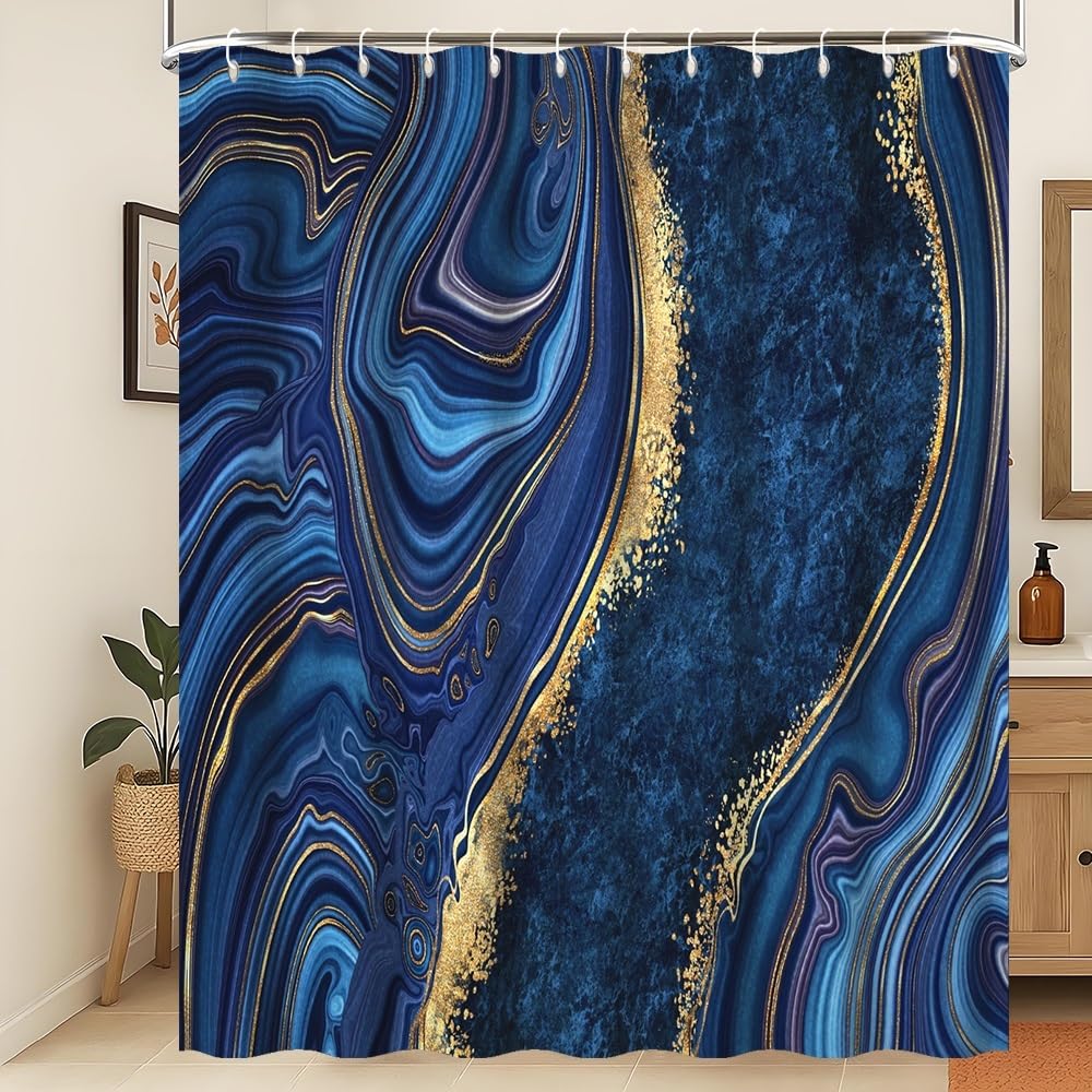 Xiaoterna Marble Fabric Shower Curtain Navy Blue And Gold Marble Neutral Color Waterproof Bathroom Curtains Modern Luxury Mildew Resistant Machine Washable Home Decoration 220x180cm