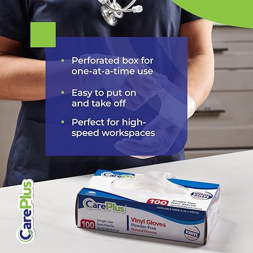 Miniatura 6 de Care Plus - Guantes desechables de vinilo, tamaño extragrande, resistentes, no estériles, sin polvo, goma sin látex, 100 unidades, seguros para