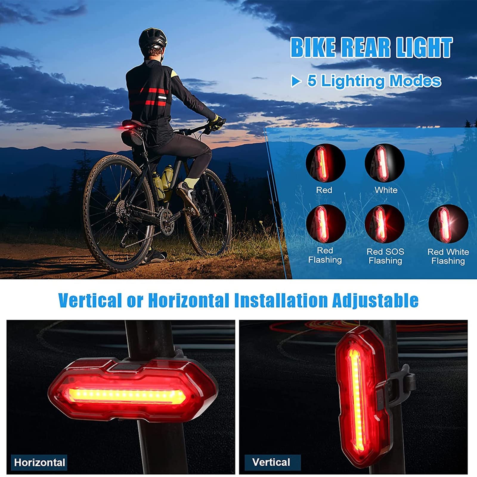 Zestaw świateł rowerowych LED, ładowalne przez USB, 350 lm, wodoodporne przednie światło i tylne światło 100 lm, regulowane 5+6 trybów oświetlenia, światła rowerowe na drogę i góry