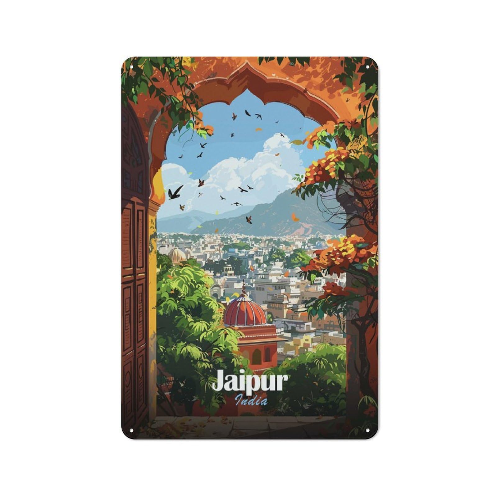 Junmoney Jaipur, India Cityscape Through Archway Tin Wall Plaque 30X20cm With For Guest Room Or Hallway, For Hallway Wall Decor Fans