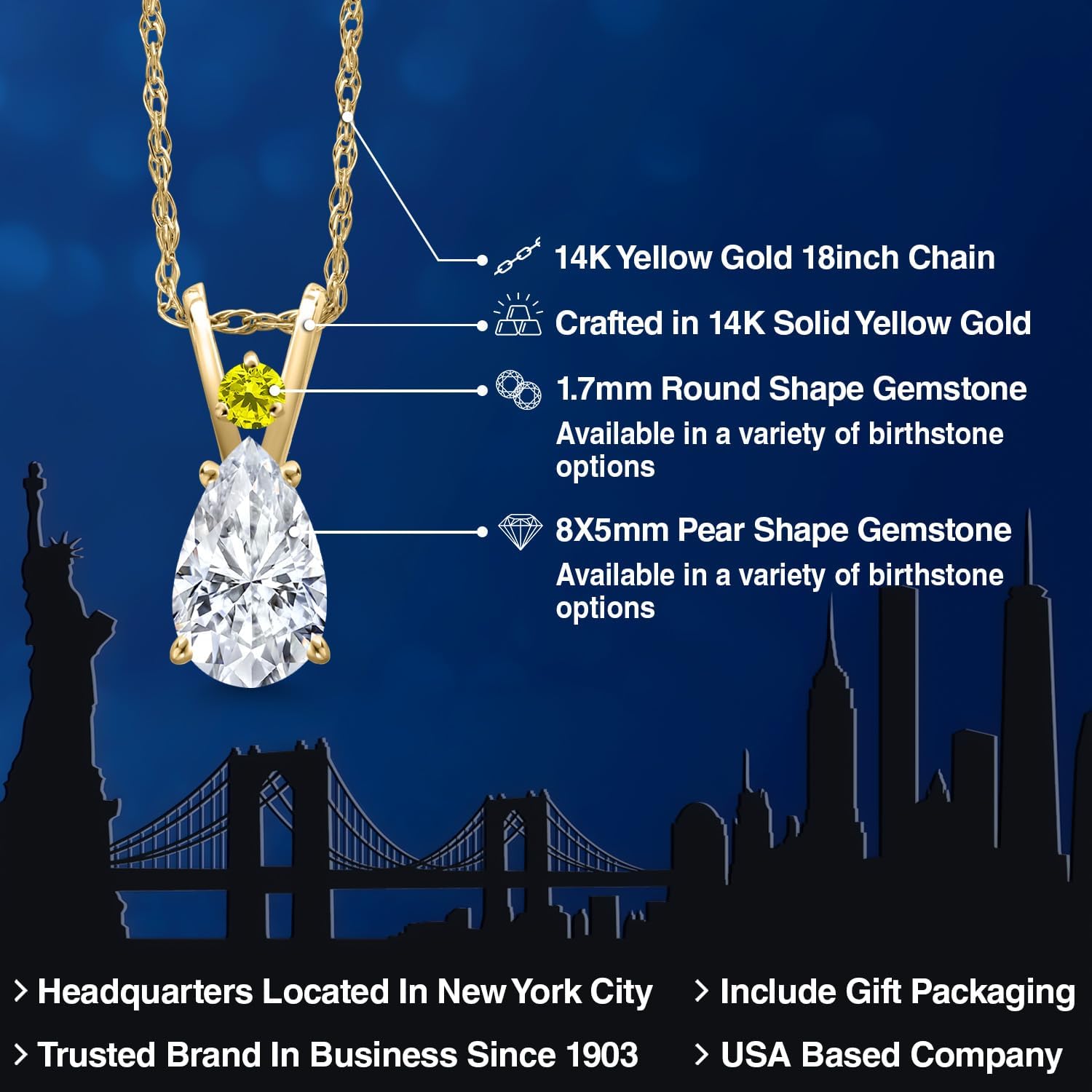 Gem Stone King 14K Yellow Gold White Moissanite and Canary Diamond Pendant Necklace for Women | 1.03 Cttw | Gemstone Birthstone | Pear Shape 8X5MM | With 18 Inch Chain - Image 2
