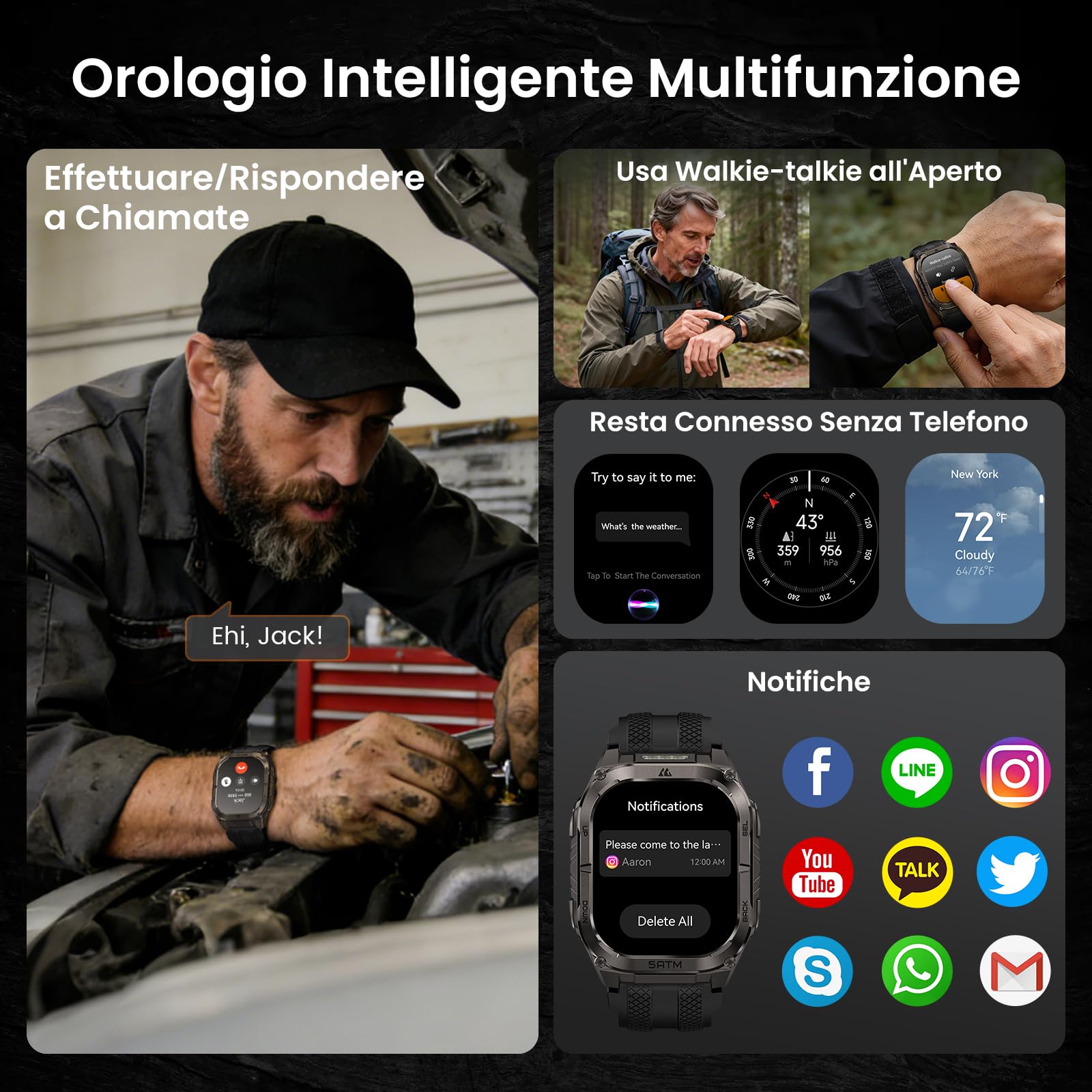 KOSPET Tank M4C Smartwatch Uomo Rugged con Torcia Integrata, 5 ATM & IP69K | GPS a 6 Satelliti, Batteria 15 Giorni, Monitor Salute 24/7, 170+ Modalità Sportive, Compatibile con Android & iPhone, Nero