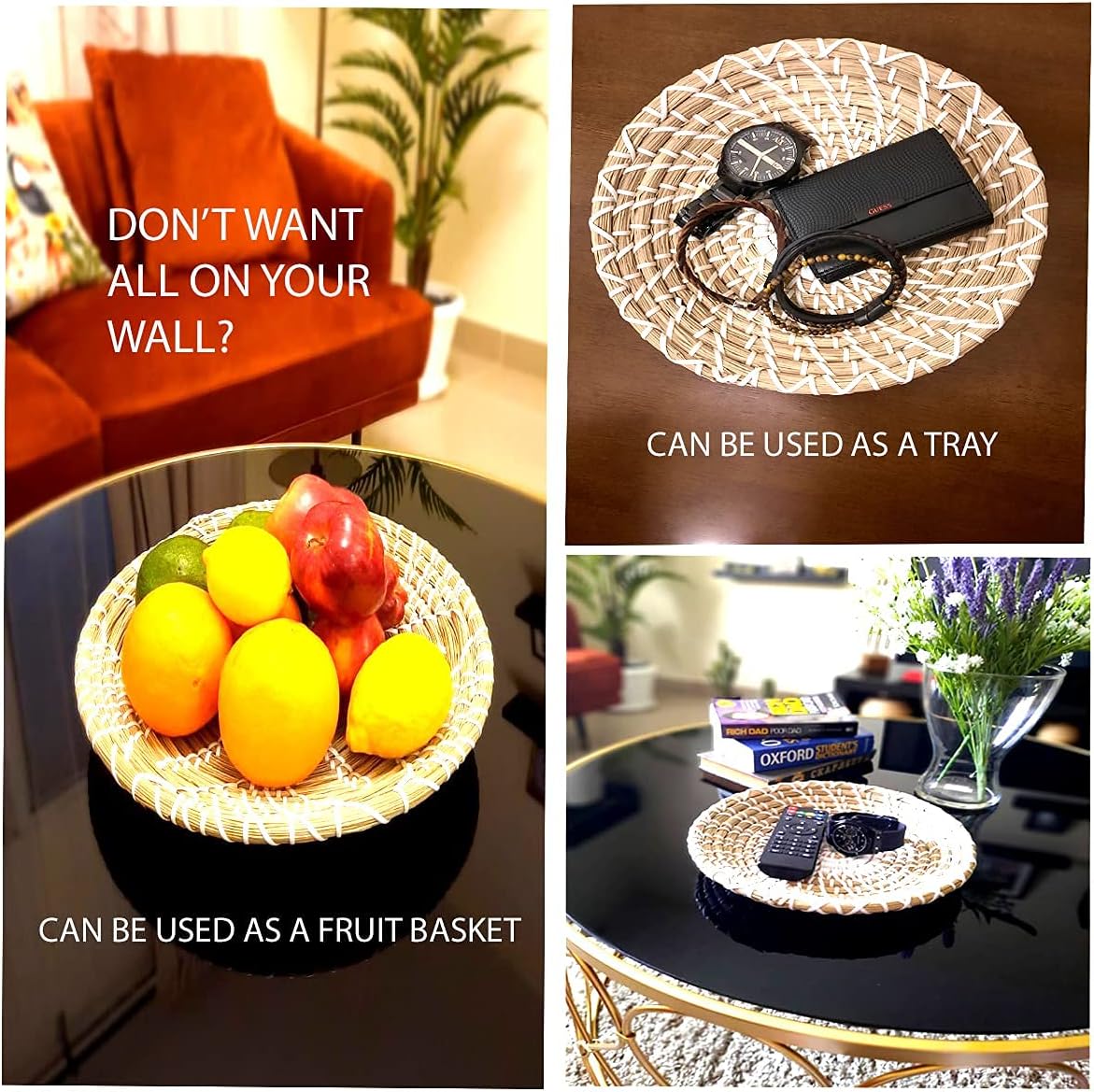 Hanging Woven Wall Basket Decor Set of 3 | Seagrass Baskets Wall Decor | Perfect For Natural Boho Home Decor | Handmade Decorative Baskets with a hook on the Back | Unique Wall Art