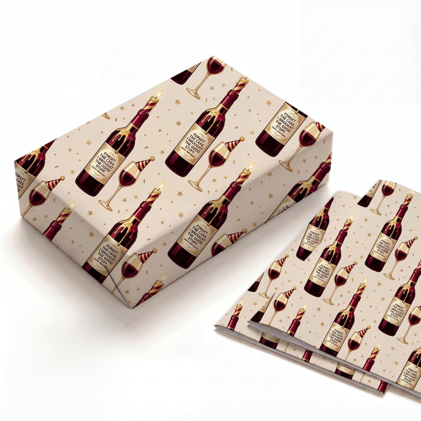 Funny Red Wine Bottle Birthday Wrapping Paper Folded Sheets, 120GSM Thick Kraft Wrapping Paper for Women, Sarcastic Good Stuff Print Present Packaging for Bestie Coworker, 2 Pack