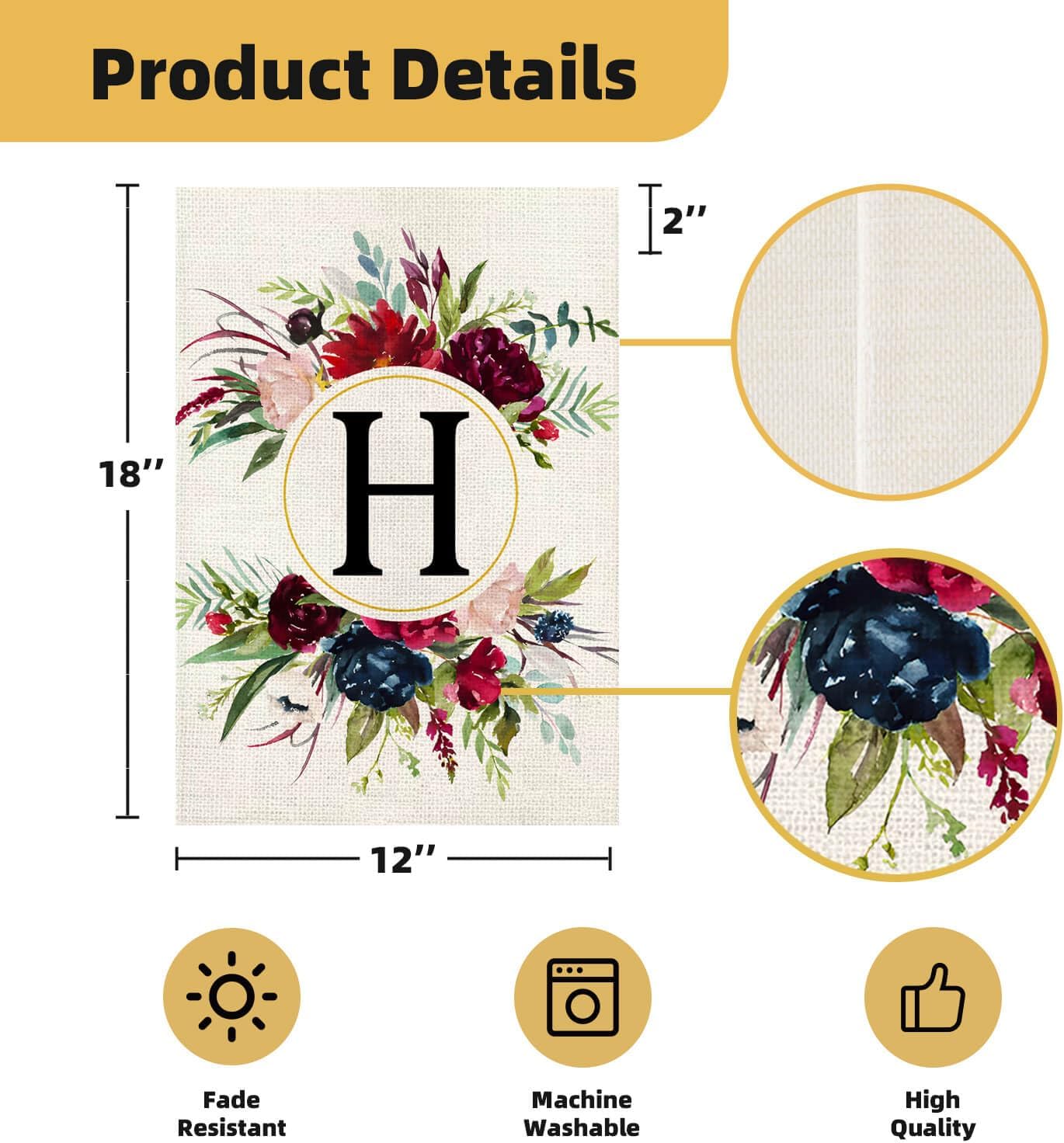 Monogram Letter H Garden Flags, Summer Garden Flag 12x18 Double Sided Floral Yard Flags Small Burlap Family Last Name Initial Garden Flag for Outside Decorations(H) - Image 3