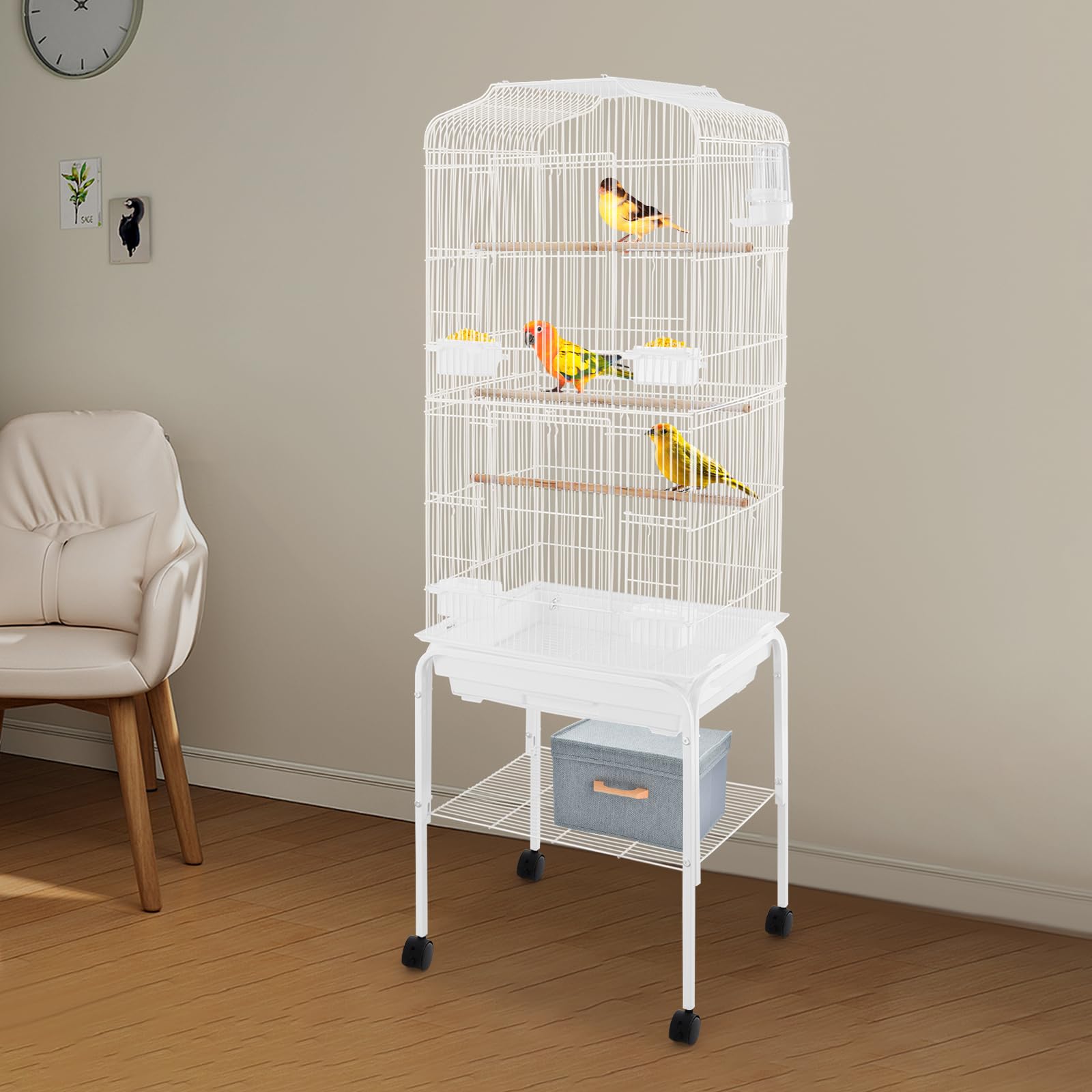 Jaula grande para loros y periquitos, estable de metal con 4 ruedas universales, bandeja inferior extraíble, compartimento de almacenamiento, para balcones, salón y cría de aves