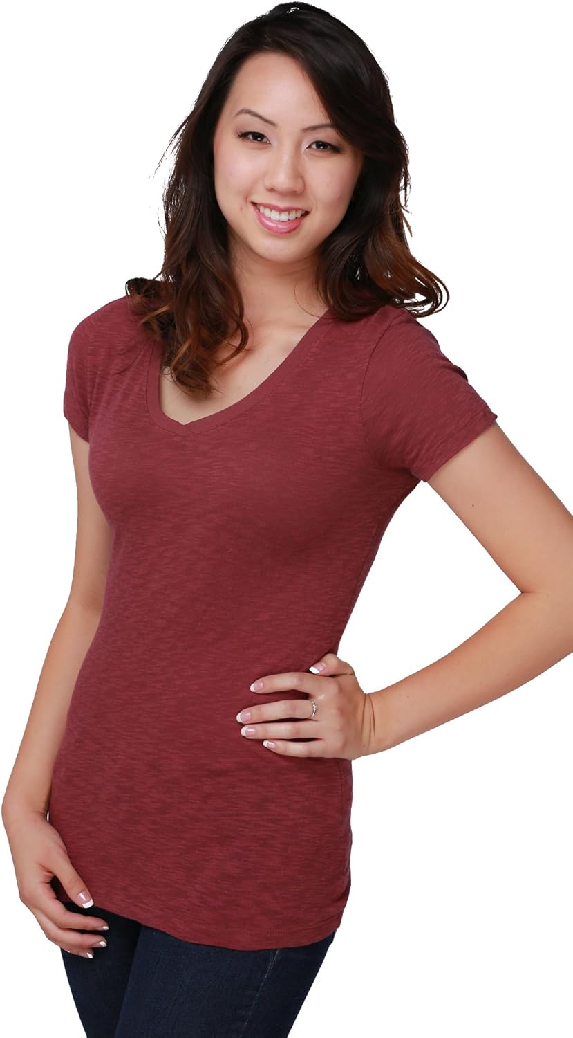 Women's Cotton Slub Short Sleeve V-Neck Tee Medium Mouve