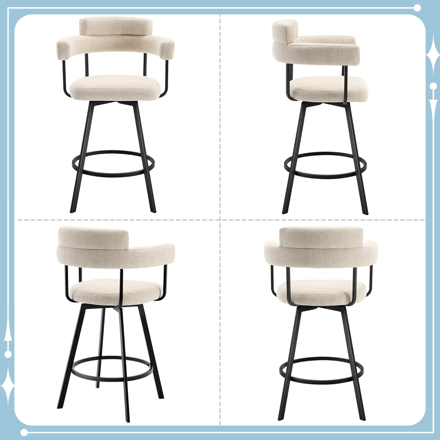 Flouki Swivel Bar Stools with Backs and Arms, Modern Bar Stools Set of 2 for Kitchen Island, 26" Upholstered Linen Counter Height Bar Stools for Kitchen Counter, Dining Room, Beige