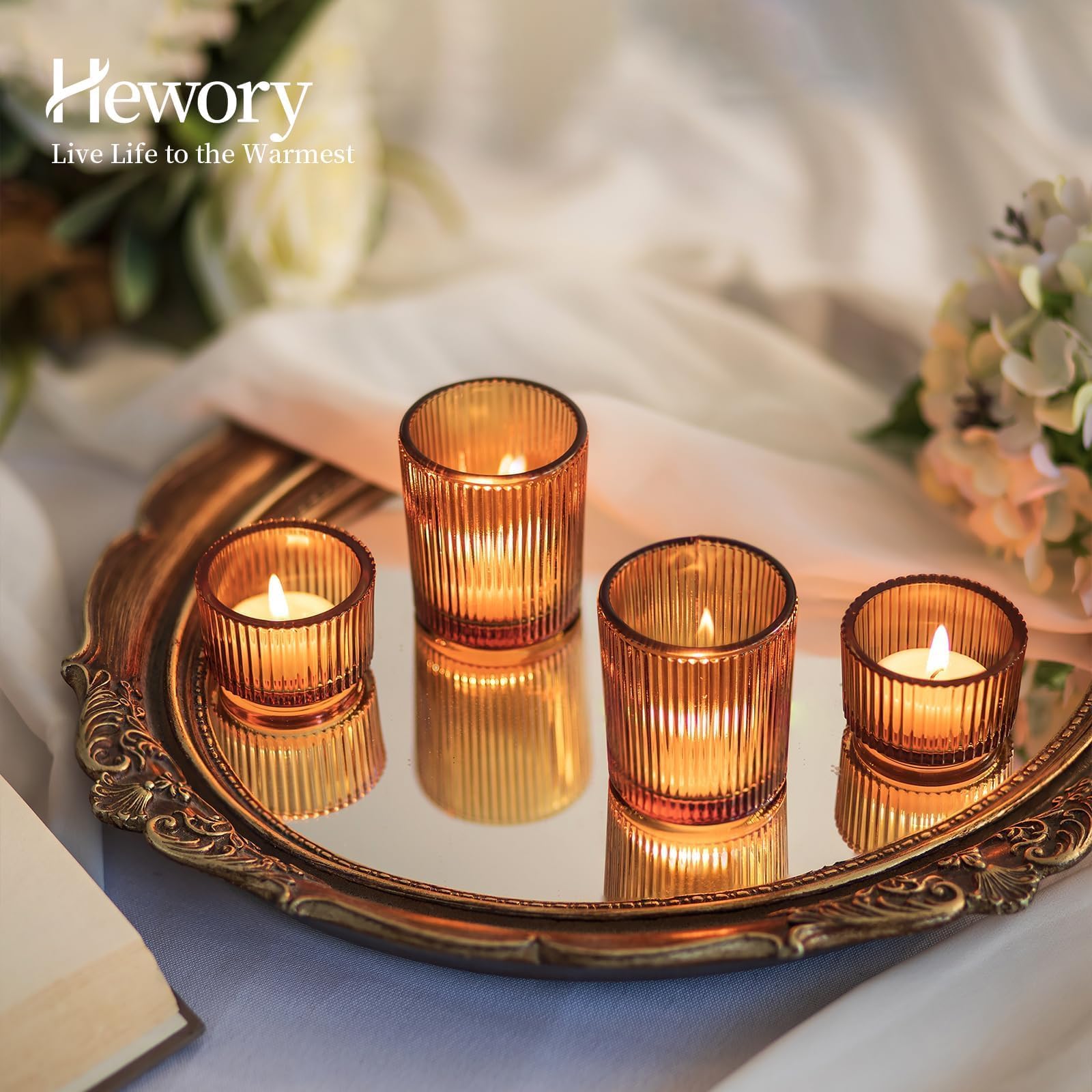 Hewory Lot de 24 photophores en verre ambré pour bougies chauffe-plat, décorations d'automne pour Thanksgiving, centre de table, fête de mariage, décoration d'intérieur