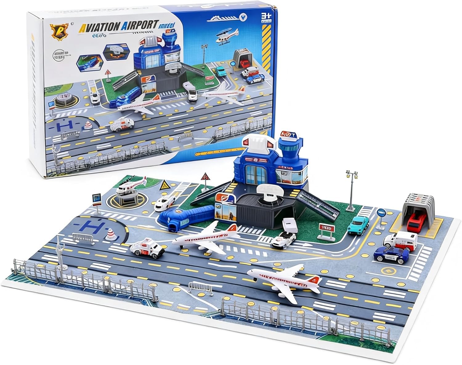 Jouet d'avion de transport avec hélicoptère, camion, avion, panneaux, camions de pompiers et tapis de jeu d'aéroport, kit de jeu, cadeau pour enfants de 3 ans et plus, garçons et filles