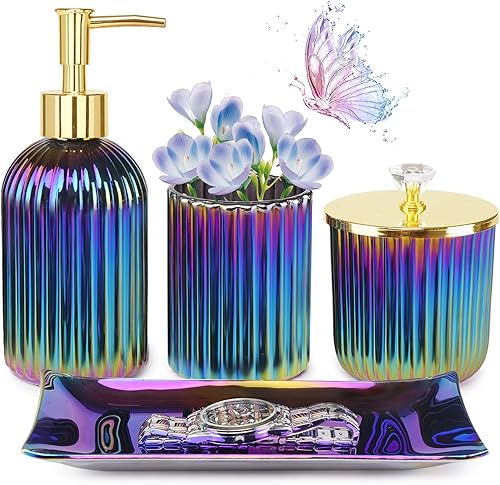 Accesorios de baño coloridos, juego completo de 4 piezas de baño de vidrio, incluye dispensador de jabón, soporte para cepillo de dientes, tarro de
