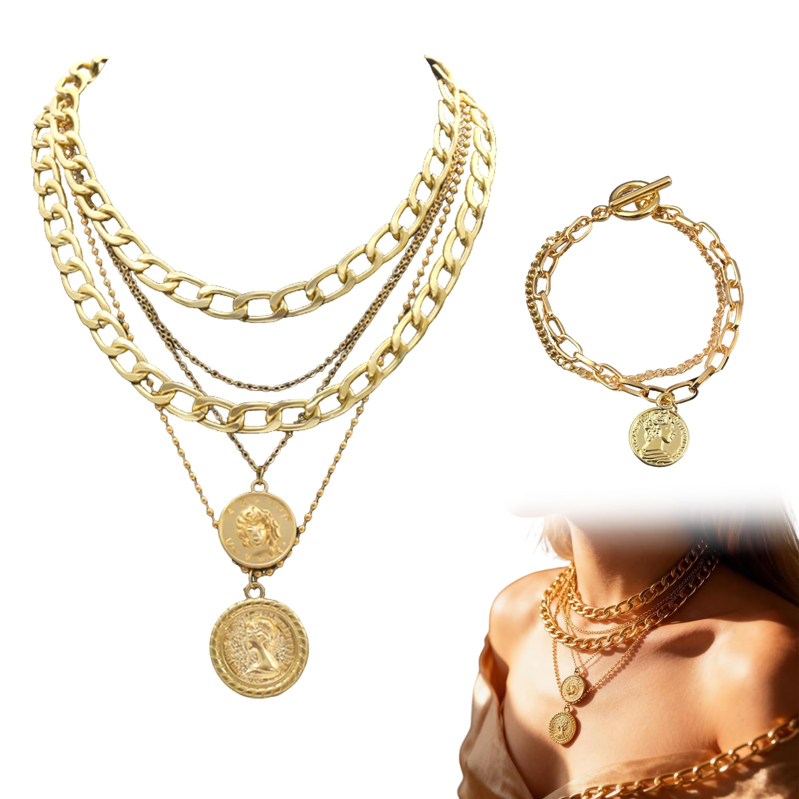 Set 2 Pezzi Collana e Bracciale Donna Oro – Collana Punk con Maglia Cubana e Pendente Moneta, Choker Spesso per Carnevale, Halloween e Feste a Tema