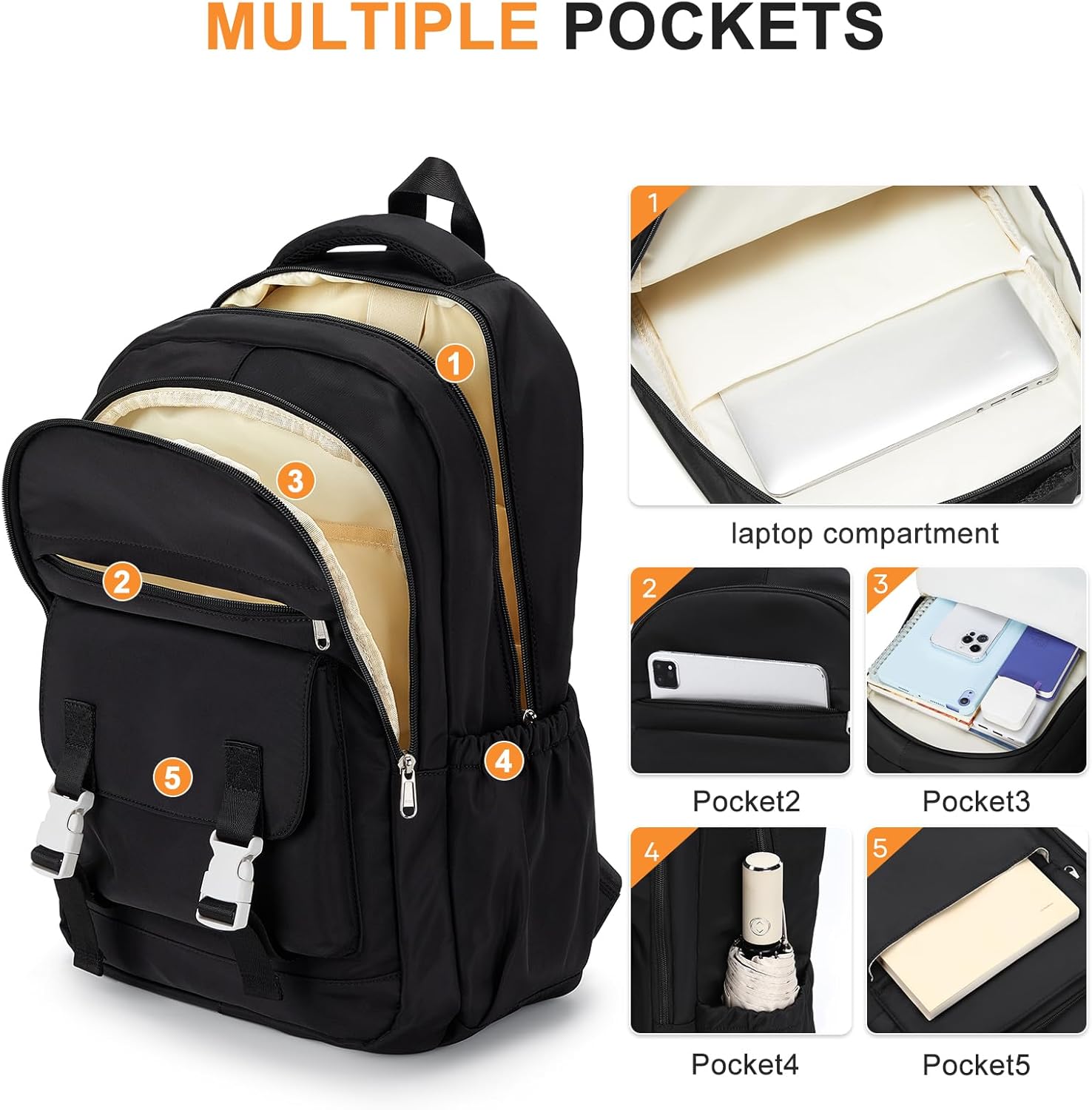 School Backpack For Women Men College Backpack With Lots Of Pockets Cute BookBag Casual Daypack Backpacks For Teens Girls Boys Waterproof(Black) - Image 4