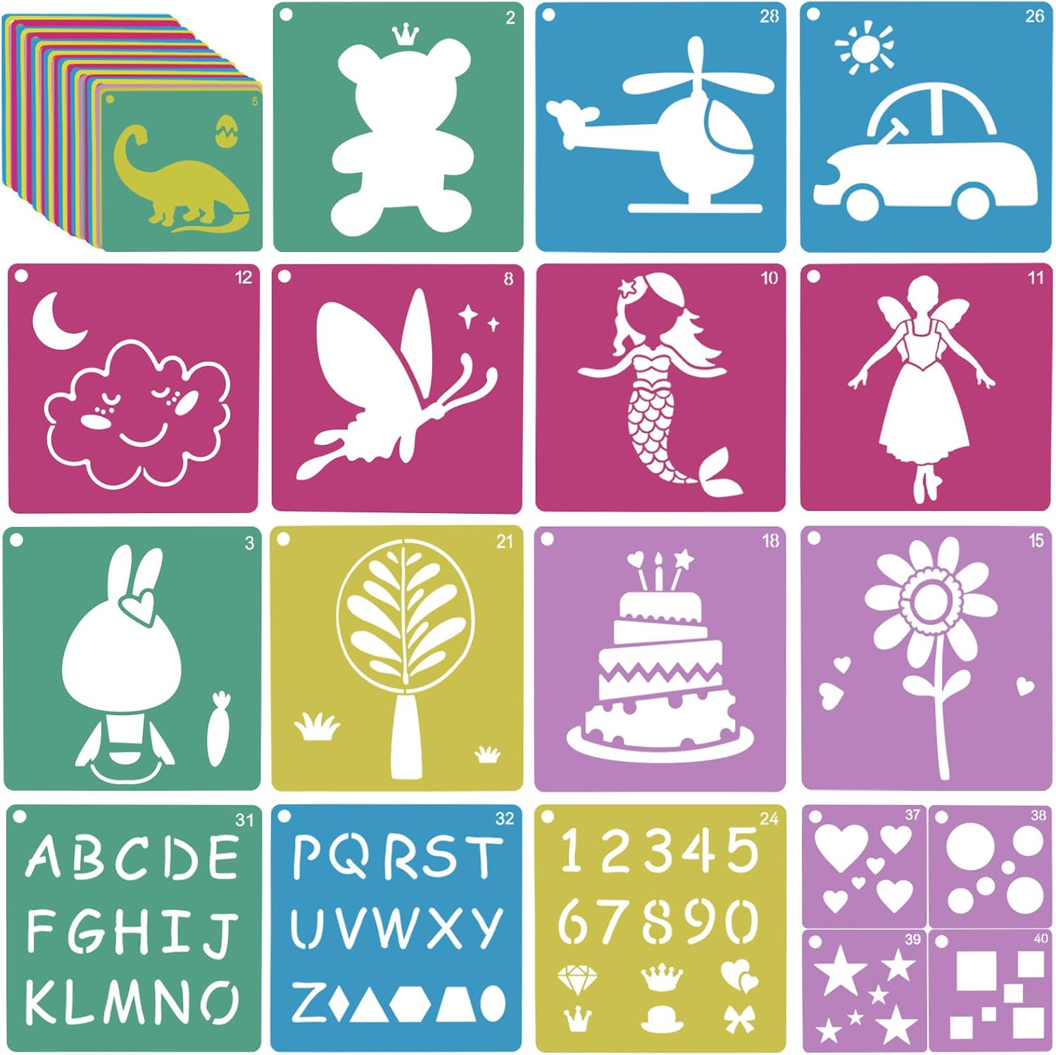 48 PCS Stencils for Kids, Komezen 8 Inches Large Chalk Stencils for Crafts Reusable, Geometric Letter Number Flower Themed Primary Shape Template for Kids Painting Drawing, DIY Projects