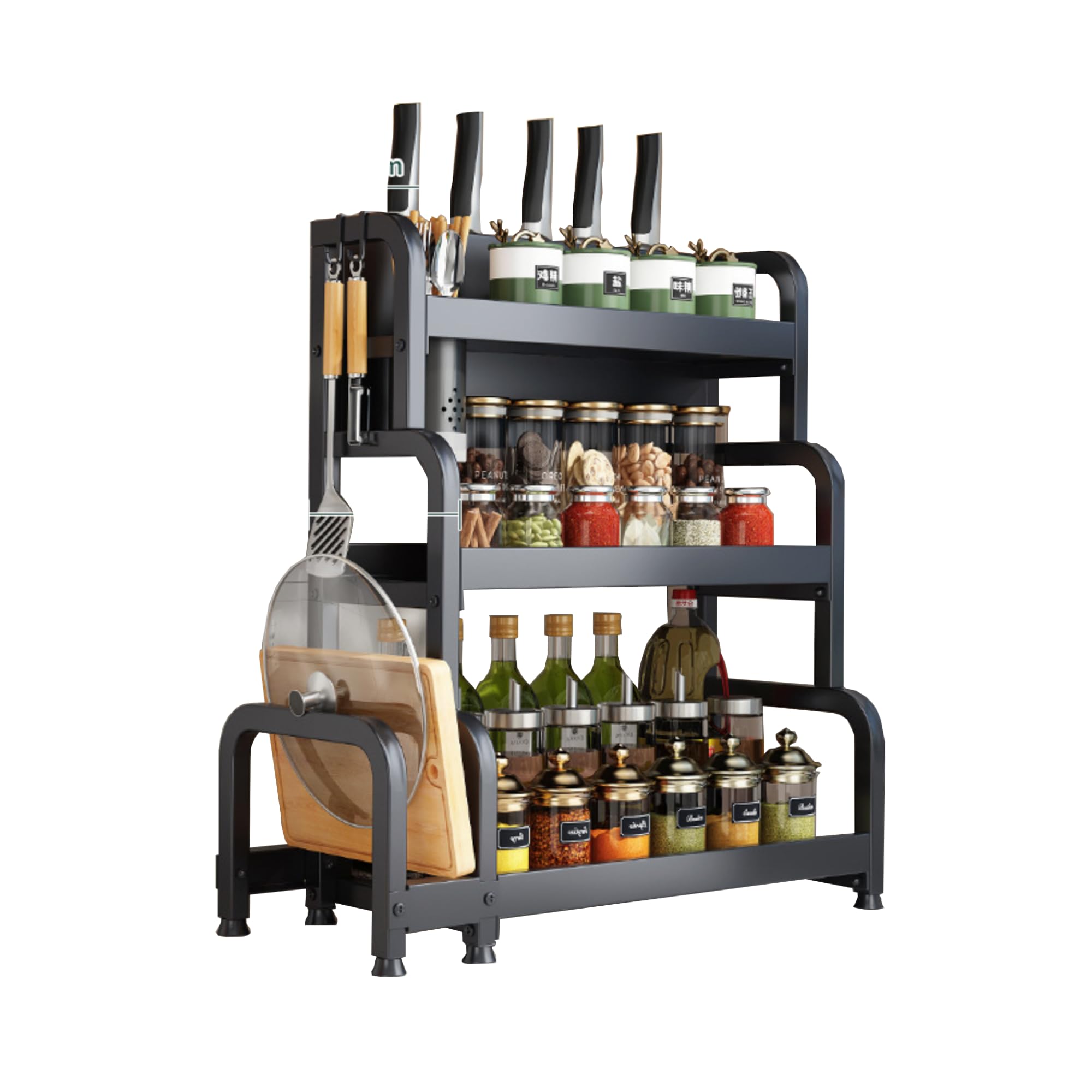 Magic Select 50Cm 𝗞𝗶𝘁𝗰𝗵𝗲𝗻 𝗦𝗵𝗲𝗹𝗳, 3-Tier Kitchen Spice Rack, Condiment Rack For Storage Of Jars, Herbs And Tableware For The Pantry, Carbon Steel.