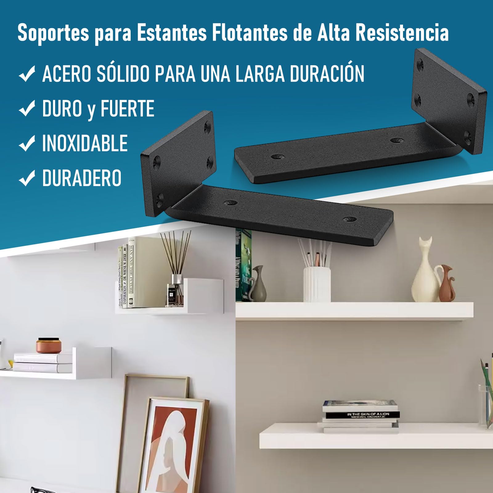 4 Piezas Soporte Estanteria Pared, Soporte Balda Flotante, Soportes de Estante Industriales Resistentes, Capacidad de Carga 70 Kg (Negro, 25cm)