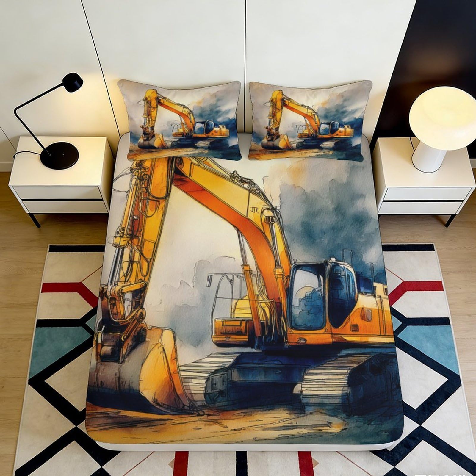 3D Printed Construction Excavator Fitted Sheet Microfiber Anti-Slip Machine Washable Building Site Bed Cover for Bedroom Dorm Decor 90x200x25cm