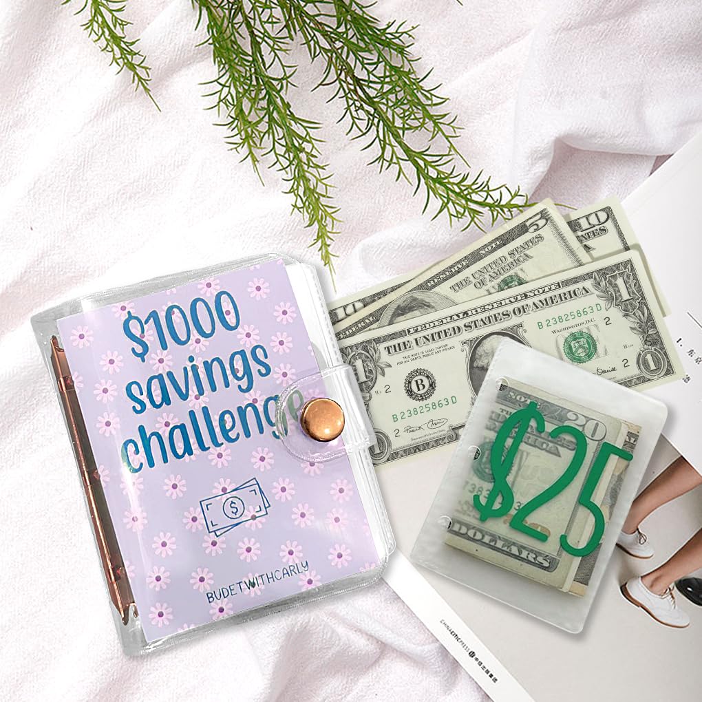 FineInno 1000 Savings Challenge Mini Binder, Portable Money Budget Planner Book Binder with Cash Envelopes - Image 2
