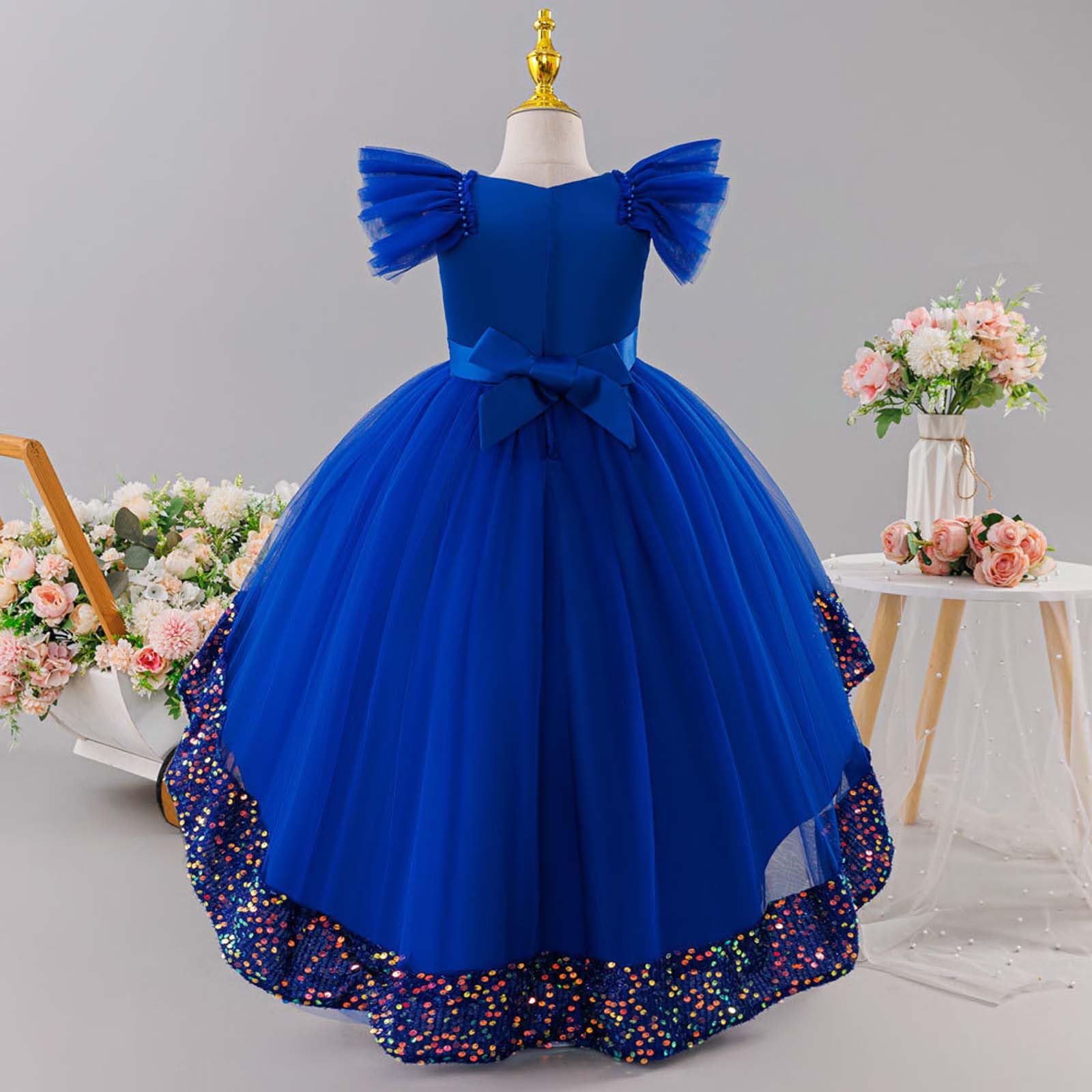 Generico Vestito da Festa per Bambina con Gonna a Strati Lunga e Paillettes Abito Elegante da Sera con Tulle e Volant per Compleanni e Celebrazioni Gonna Paillettes