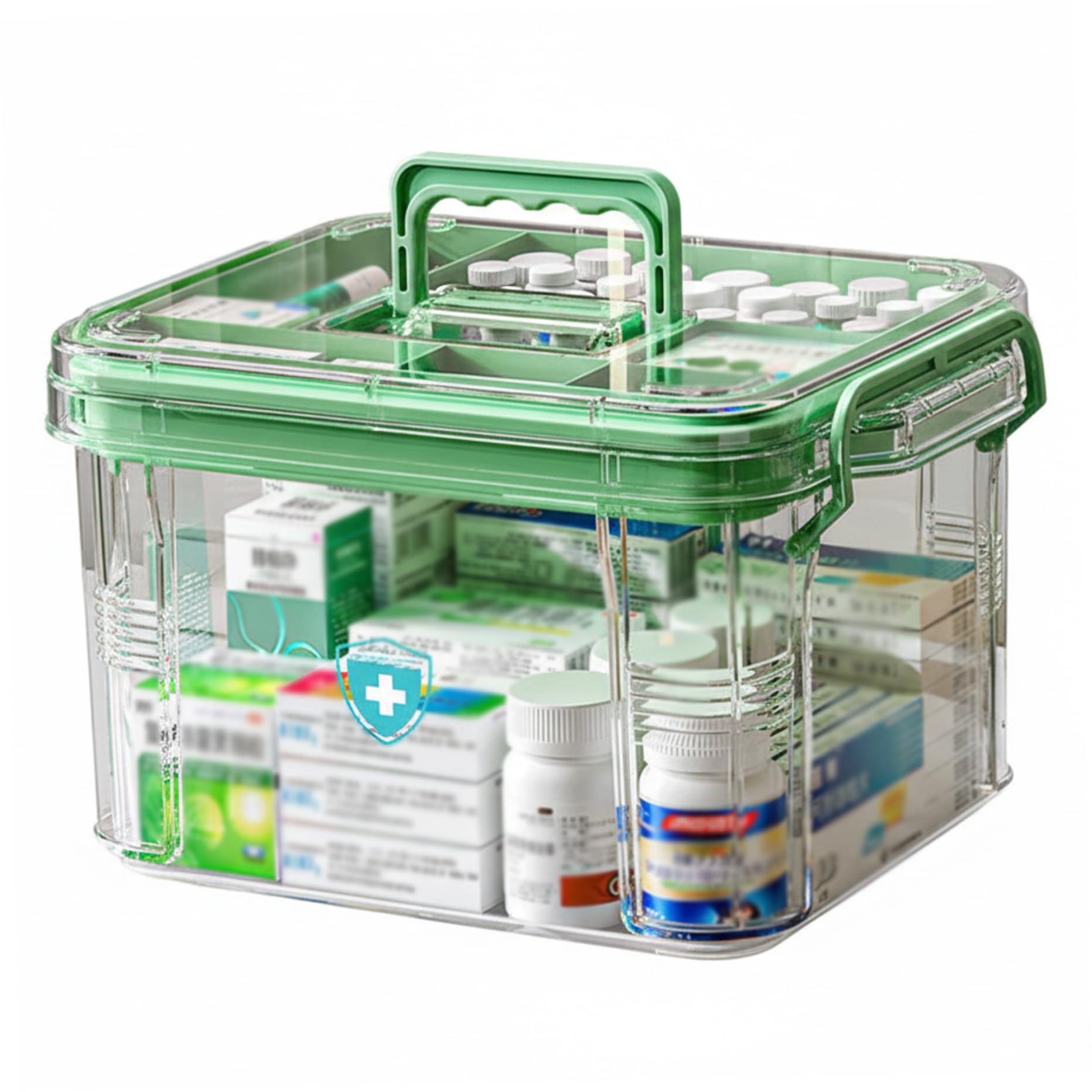 Medikamentenbox, große Medikamenten-Aufbewahrungsbox, transparent, grün, Erste-Hilfe-Box mit doppelschichtigen Fächern, abschließbarer Medikamenten-Organizer, ideal für den Heimgebrauch