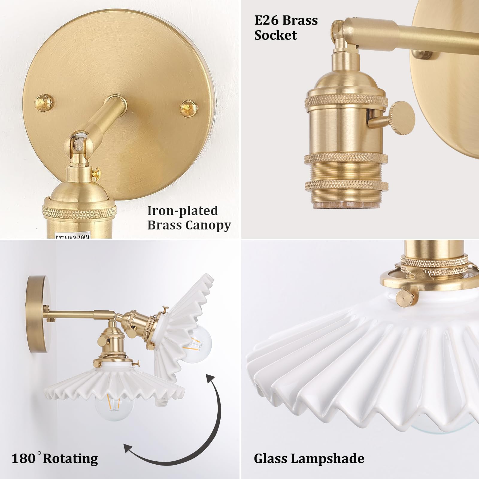 Shenmoyl Vintage Wall Sconce with White Pleated Ceramic Lampshade