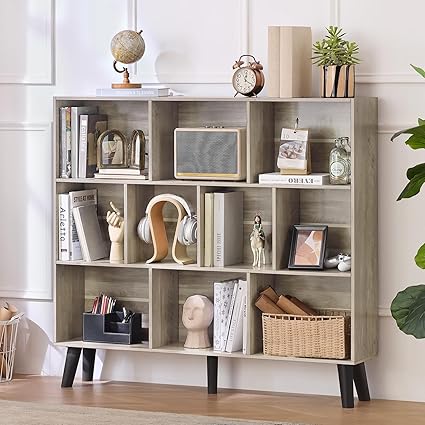 LEYAOYAO 10 Cube Bookshelf,3 Tier Modern Wide Bookcase with Legs,Mid-Century Wood Bookshelves Storage,Retro Grey Large Book Case,Freestanding Organizer Display Shelf for Bedroom,Living Room,Office