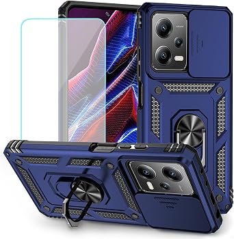 Case for Redmi Note 12 Pro Case/Poco X5 Pro 22101320G Case with Tempered Glass Screen Protector and Slide Camera Cover, 360Rotate Ring Stand Magnetic Cover for Xiaomi Redmi Note 12 Pro 5G Blue
