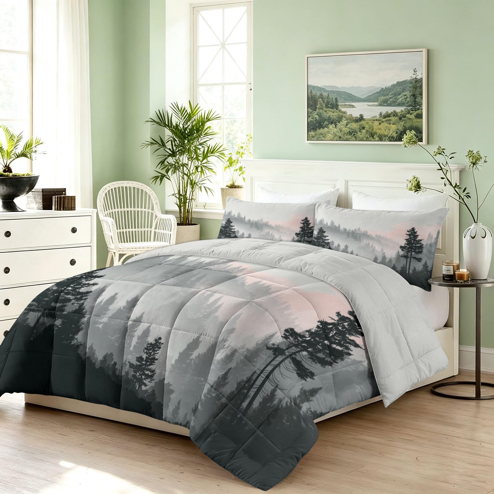 Generisch Piumino misterioso ad acquerello, senza rivestimento, 135 x 200 cm, foresta, nebbia e montagne, ipoallergenico, per tutto l'anno, con 2 federe da 80 x 80 cm, trapunta reversibile, lavabile