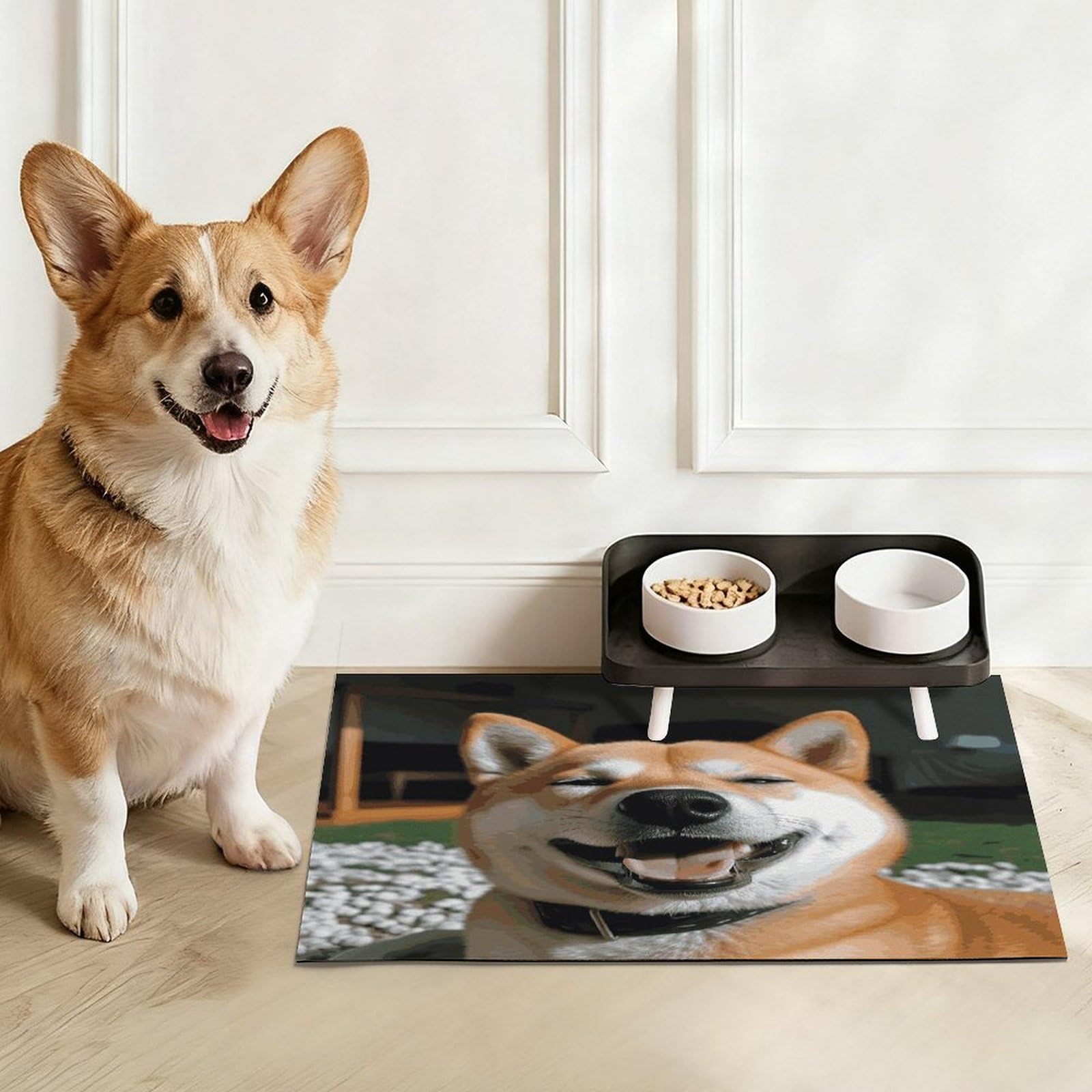 Shiba Inu Tapis de nourriture pour chat avec langue souriante – Tapis d'alimentation antidérapant facile à nettoyer pour la nourriture et l'eau, tapis de gamelle pour chien et chat 43,2 x 76,2 cm