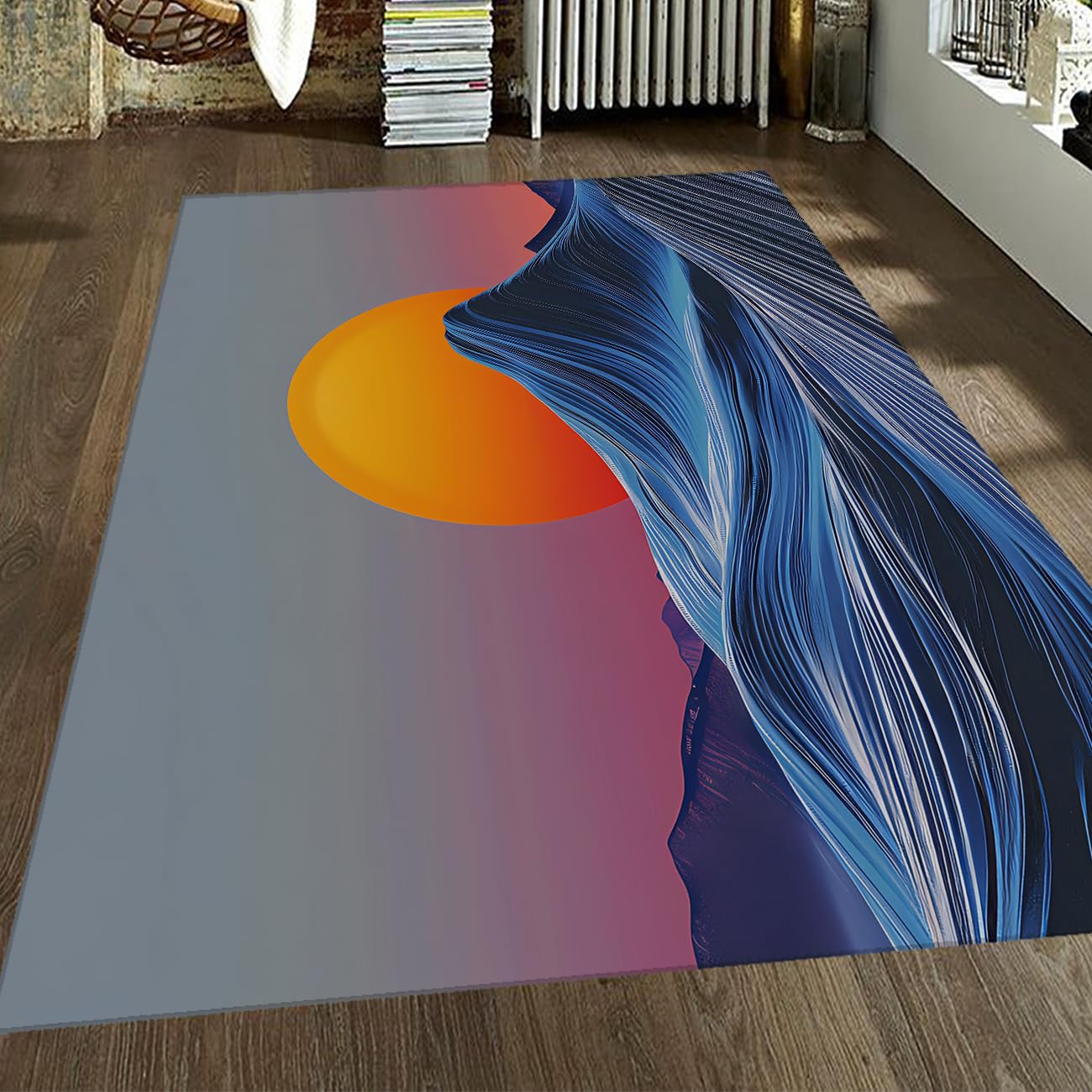 Waschbare Teppiche Abstract Ocean Wave Sunset Scene Area Teppich Boho Sun Anti-Rutsch-Teppich für Wohnzimmer Büroeingang Weiche niedrig florierte Blaue Türmatte 160x200cm