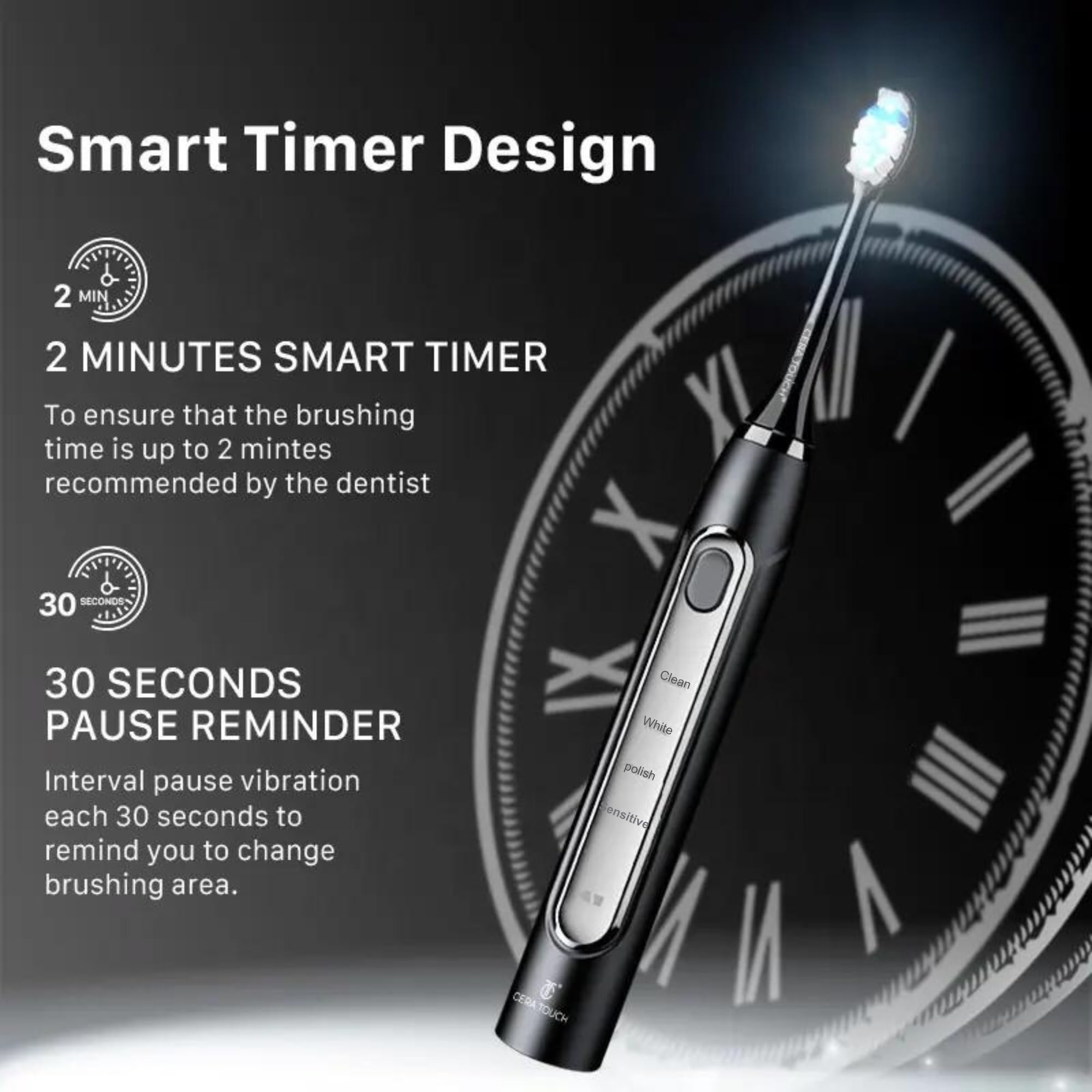 CERA TOUCH Elektrische Zahnbürste mit 6 blauen LEDs, elektrische Zahnbürste für Erwachsene, 4 Modi mit Smart-Timer, Plaque-Entfernung und Memory-Funktion, 2 Köpfe, IPX7 wasserdicht, Reiseetui