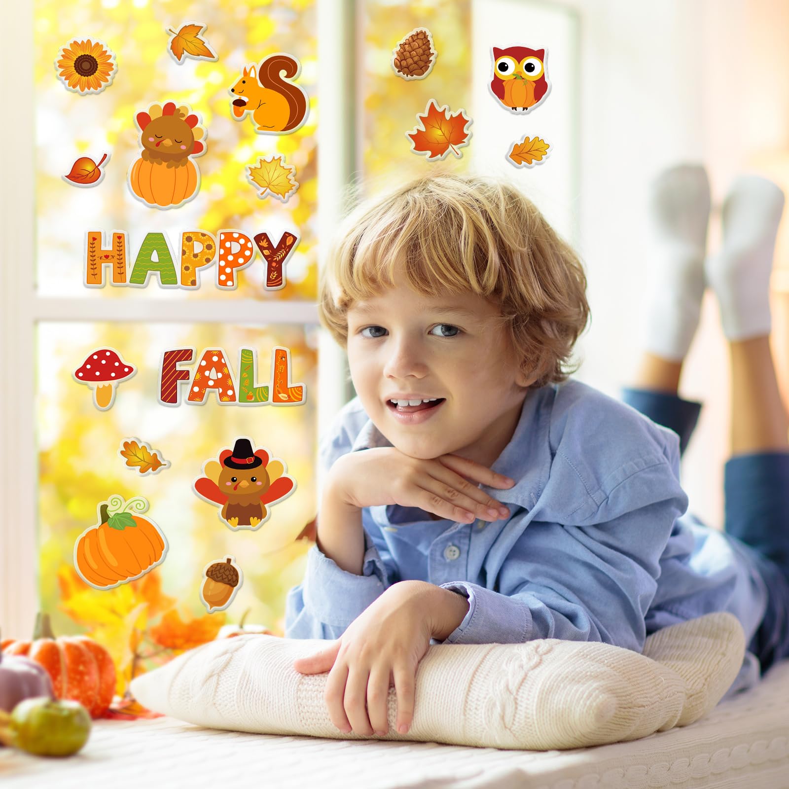 JarThenaAMCS 20 x dicke Gel-Aufkleber "Happy Fall", Ernte-Kürbisse, Tannenzapfen, Ahornblätter, Fenster-Gel-Aufkleber für Herbst, Erntedankfest, Schule, Klassenzimmer, Kinderzimmer, Dekoration