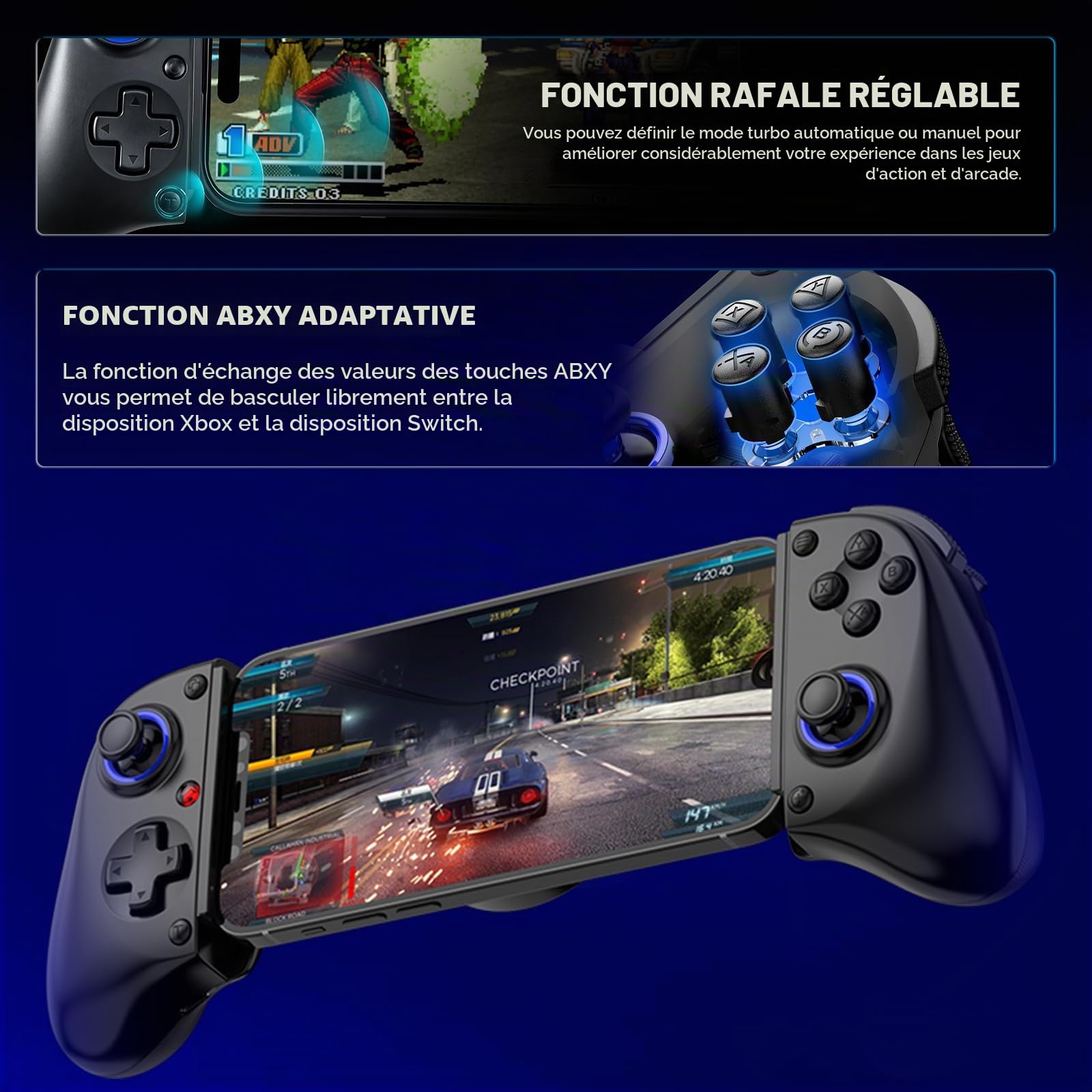 Joso Manette de jeu mobile cloud pour iPhone 16/15/14, iPad, tablette, Android/PC/Switch/manette de jeu avec fonction turbo, streaming sur PS4/Xbox/PC, effet Hall/déclencheur Hall Noir