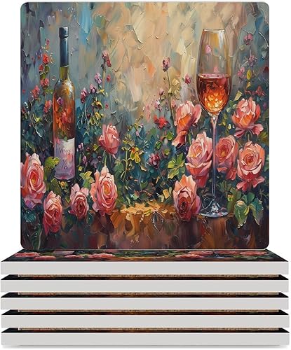 Miniatura 21 de Round-4 posavasos de cerámica para vino tinto, posavasos redondos absorbentes para bebidas, estilo vintage de madera, vino tinto, uvas, frutas y