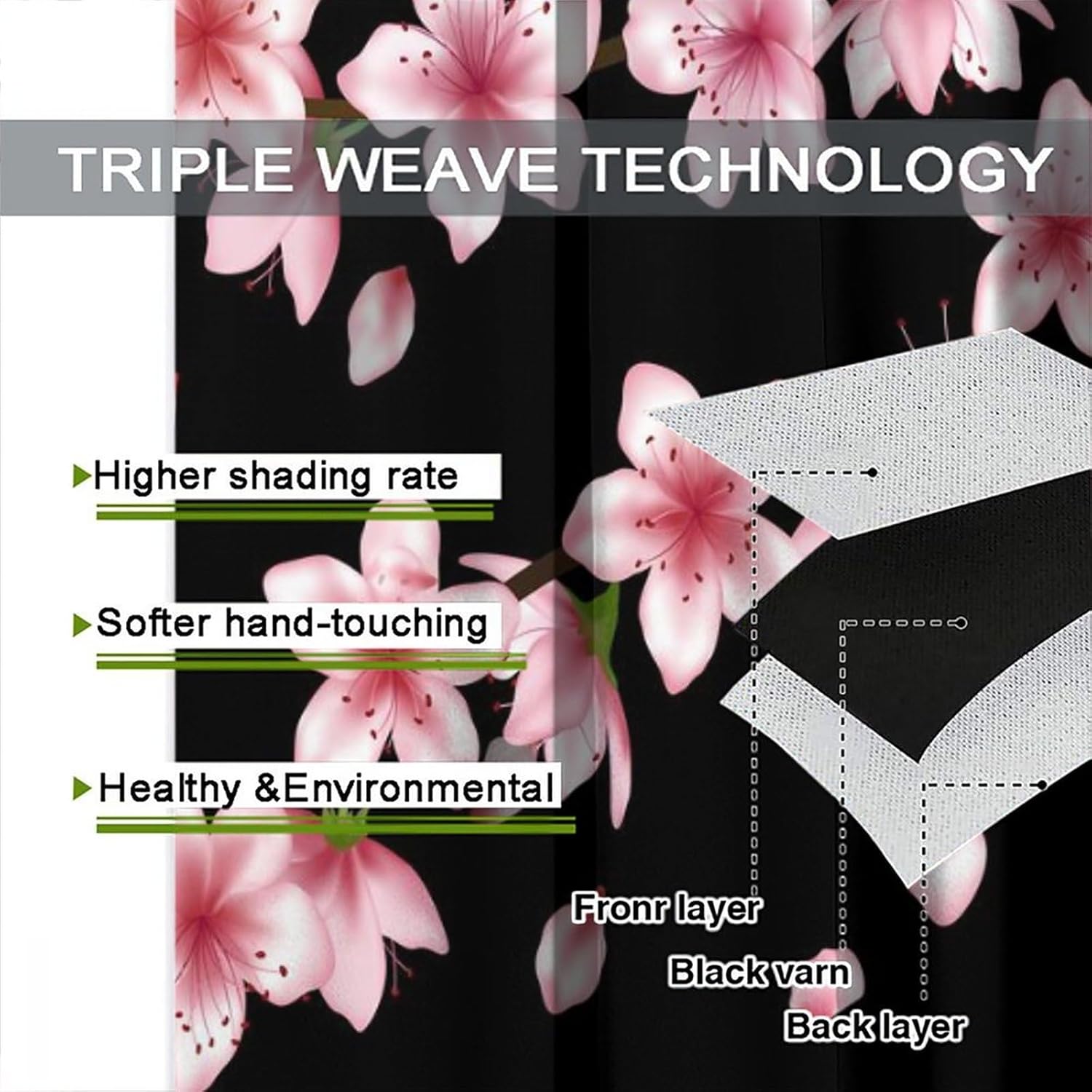 Floral Curtains Spring Romantic Pink Cherry Blossom Black Art Print for Girls Women Bedroom Living Room Kitchen Decor Rod Pocket Blackout Window Drape 42x45in