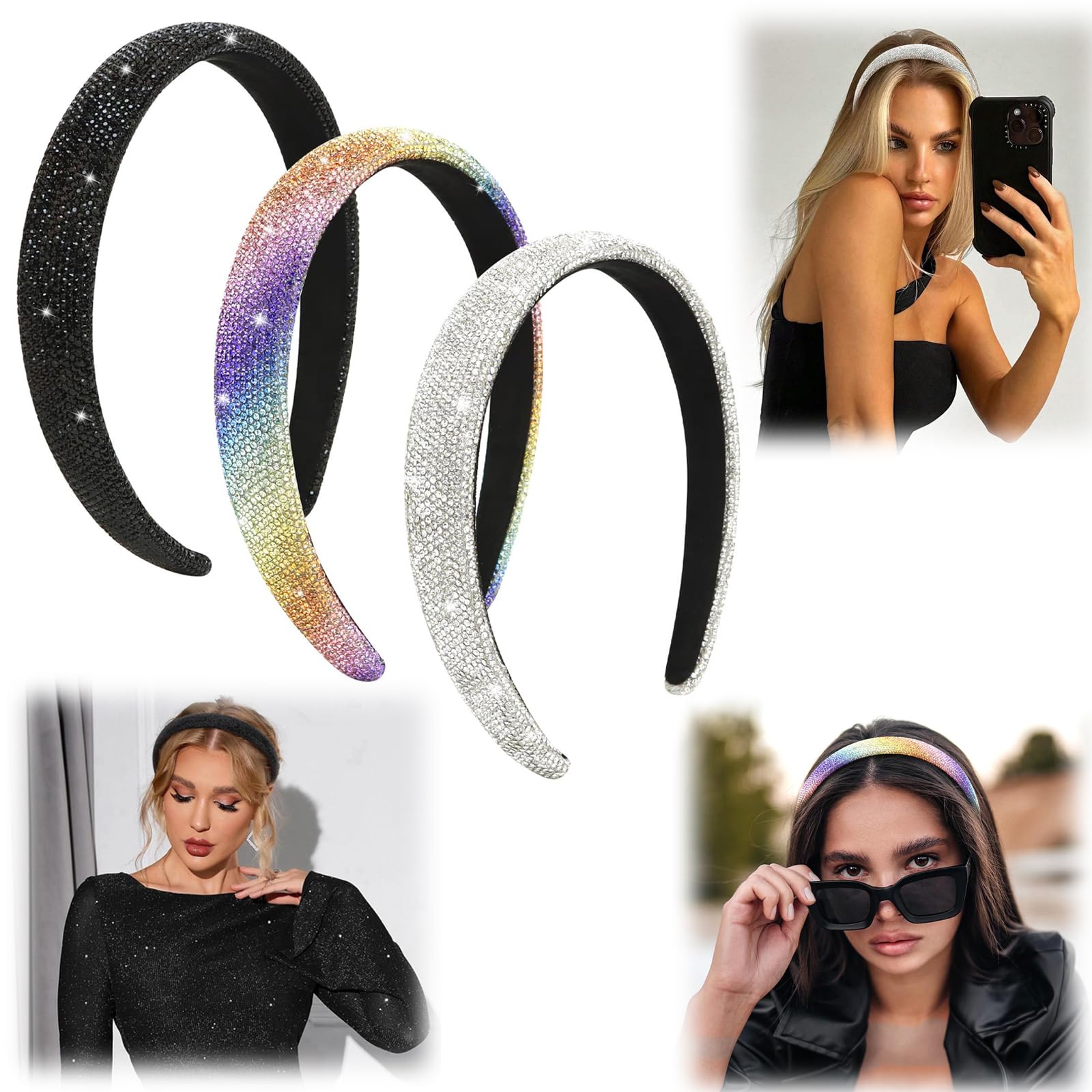 Azonee 3Pcs Rhinestone Headbands Women Girls Sparkly Bling Diamond Rainbow Color Black Silver Headband Fashion Comfortable Head Band Non Slip Birthday Wedding Hair Accessories For Women Girls Gifts