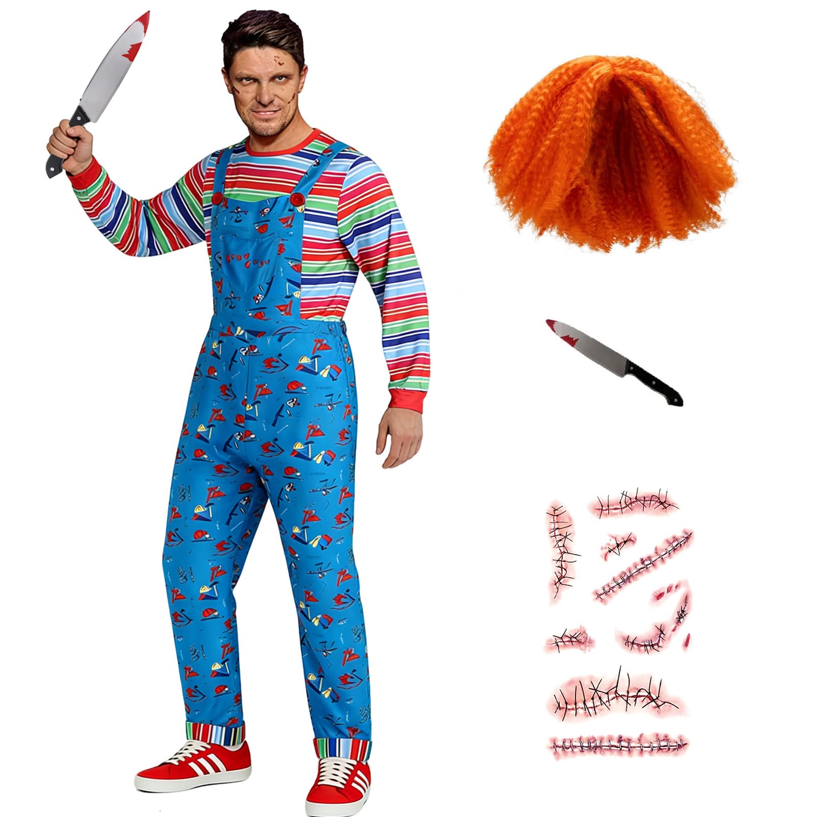 Makoike Creepy Doll Costume Men Sacry Killer Jumpsuit Striped Shirt Wig Scar Stickers Carnival Halloween Costume Cosplay Horror Props Adults