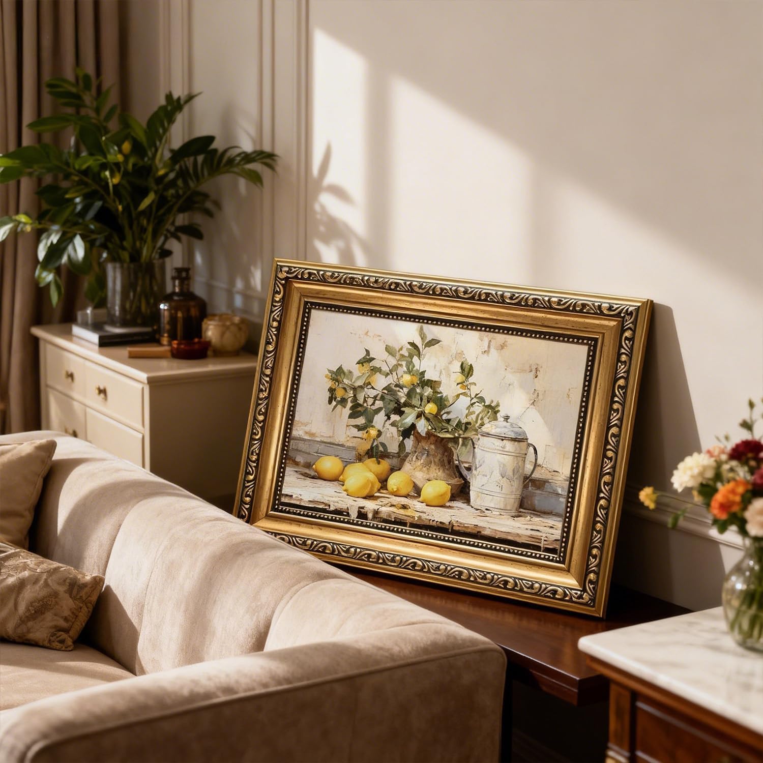 XLARTMY Vintage Gold Framed Kitchen Wall Art, Yellow Lemon Still Life Wall Decor Oil Painting Rustic Farmhouse Artwork Antique Fruit Vase Canvas Posters Prints Picture for Living Room Bedroom