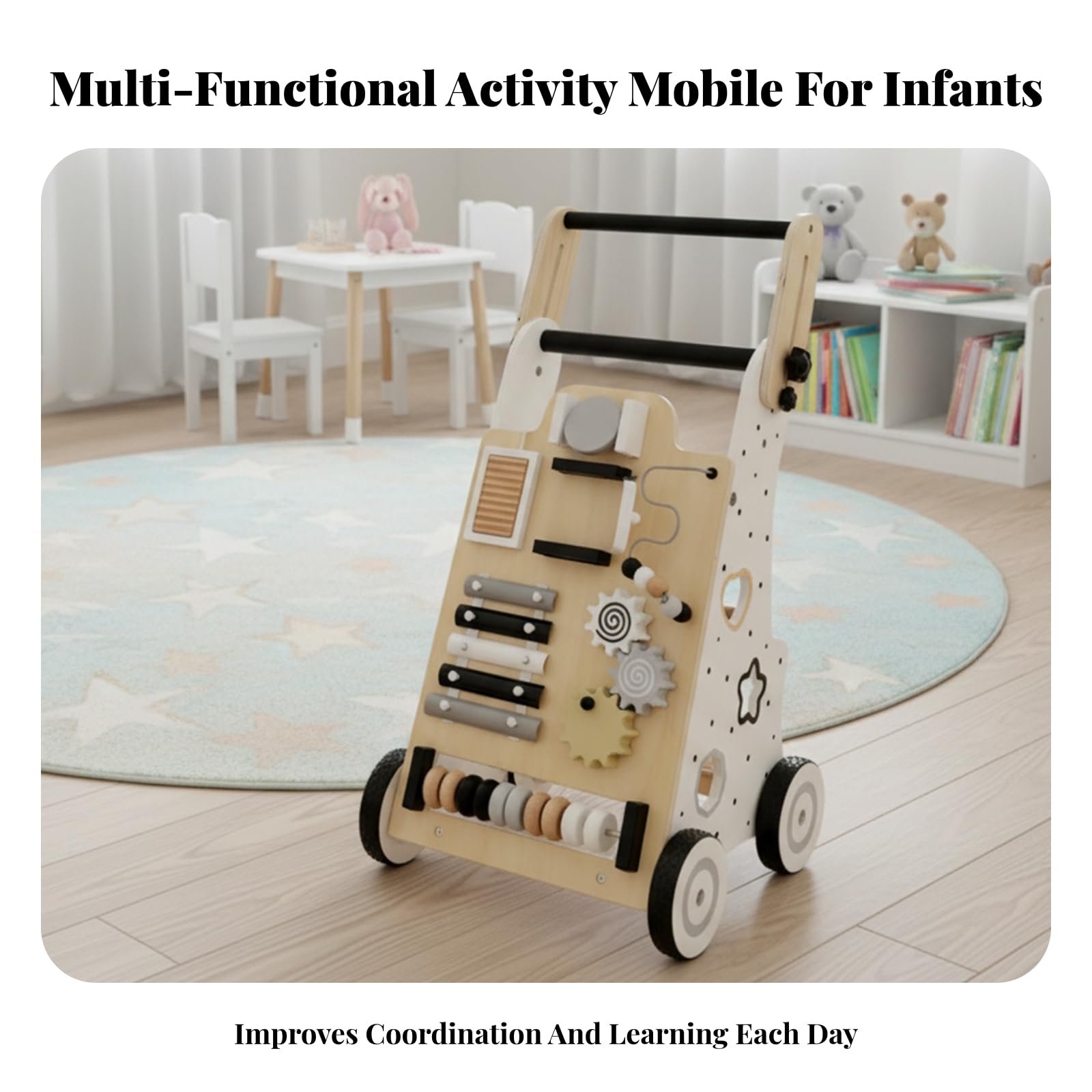 Carrito Empuje Ayudante para Caminar Actividades Ayudante para Caminar Madera Ruedas Acabado y Color Claro