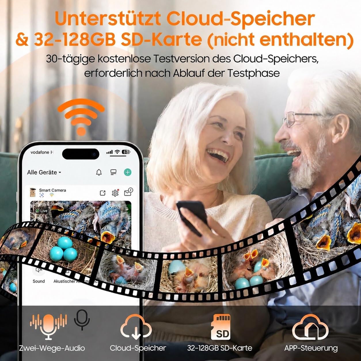 Vogelhaus mit Kamera, 5MP HD Nistkasten für draußen, 2,4G WiFi & App Benachrichtigung, Beobachtung von Nestbau und Brut, Automatische Aufnahme von Vogelvideos & Bewegungserkennung, Solarbetrieb