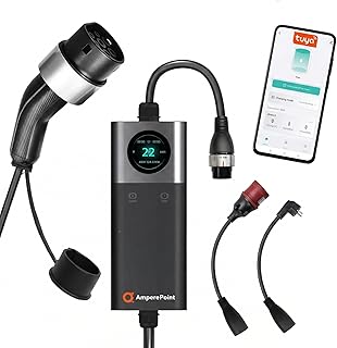 Mobile Wallbox 22 kW 32A Typ 2 EV Ladegerät, 7,5 m Kabel, Einstellbare Ladeleistung 6-32A, Mit Wechseladaptern (Schuko, Camping, CEE 16A/32A), WLAN & Tuya-App, LCD-Display, Tragetasche