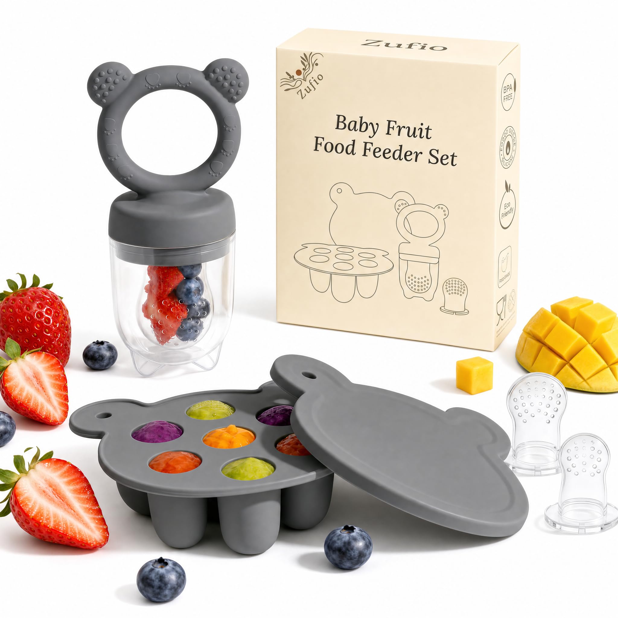 Fruit Feeder for Babies, Baby Feeder, 3 Silicone Teat Sizes, Dark Grey — image 1